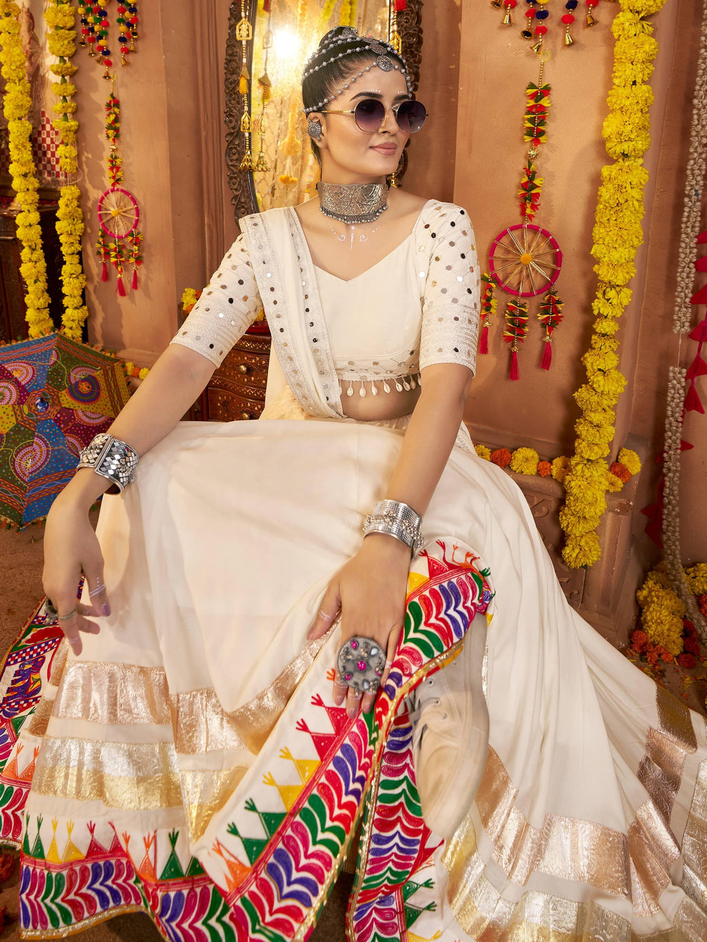 White viscose rayon embroidered Navratri lehenga choli with dupatta