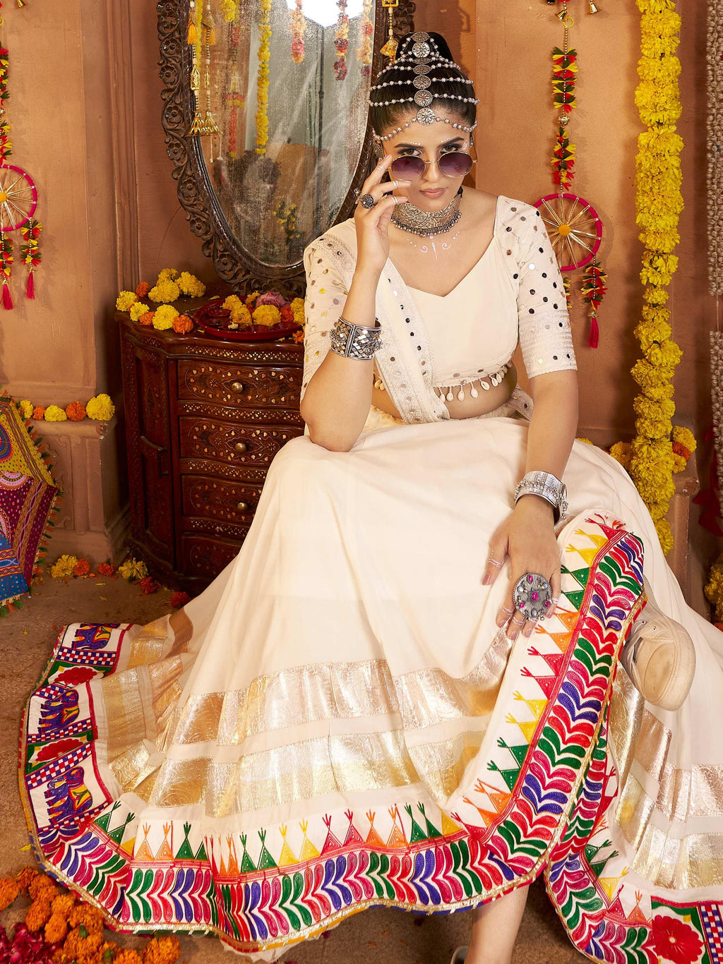 White viscose rayon embroidered Navratri lehenga choli with dupatta