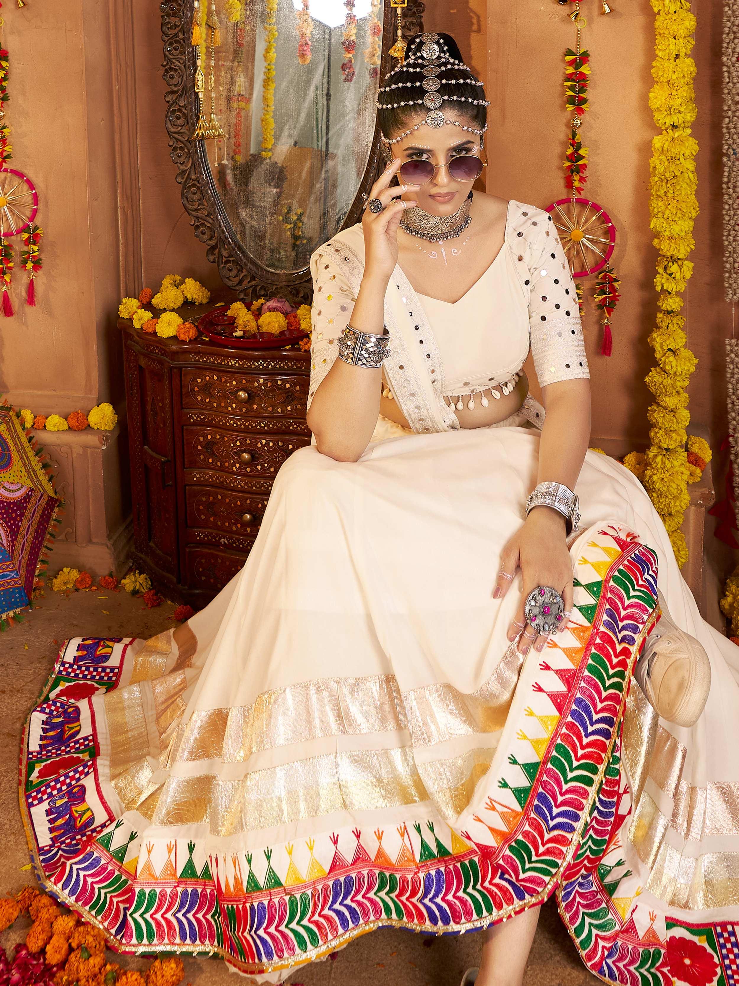 White viscose rayon embroidered Navratri lehenga choli with dupatta