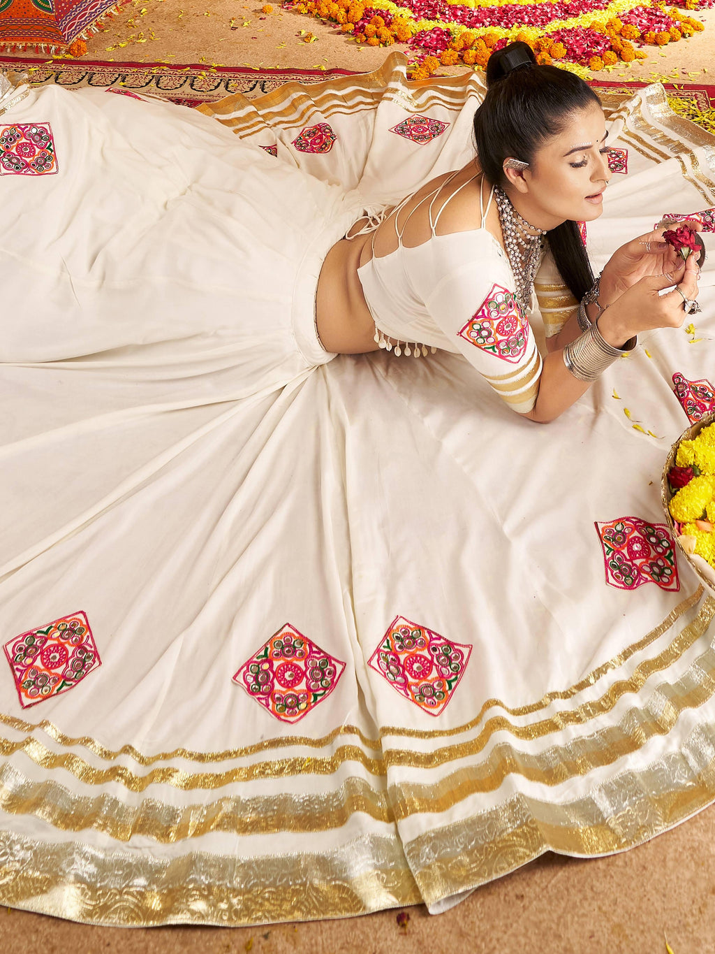 White viscose rayon mirror thread embroidery Navratri lehenga choli