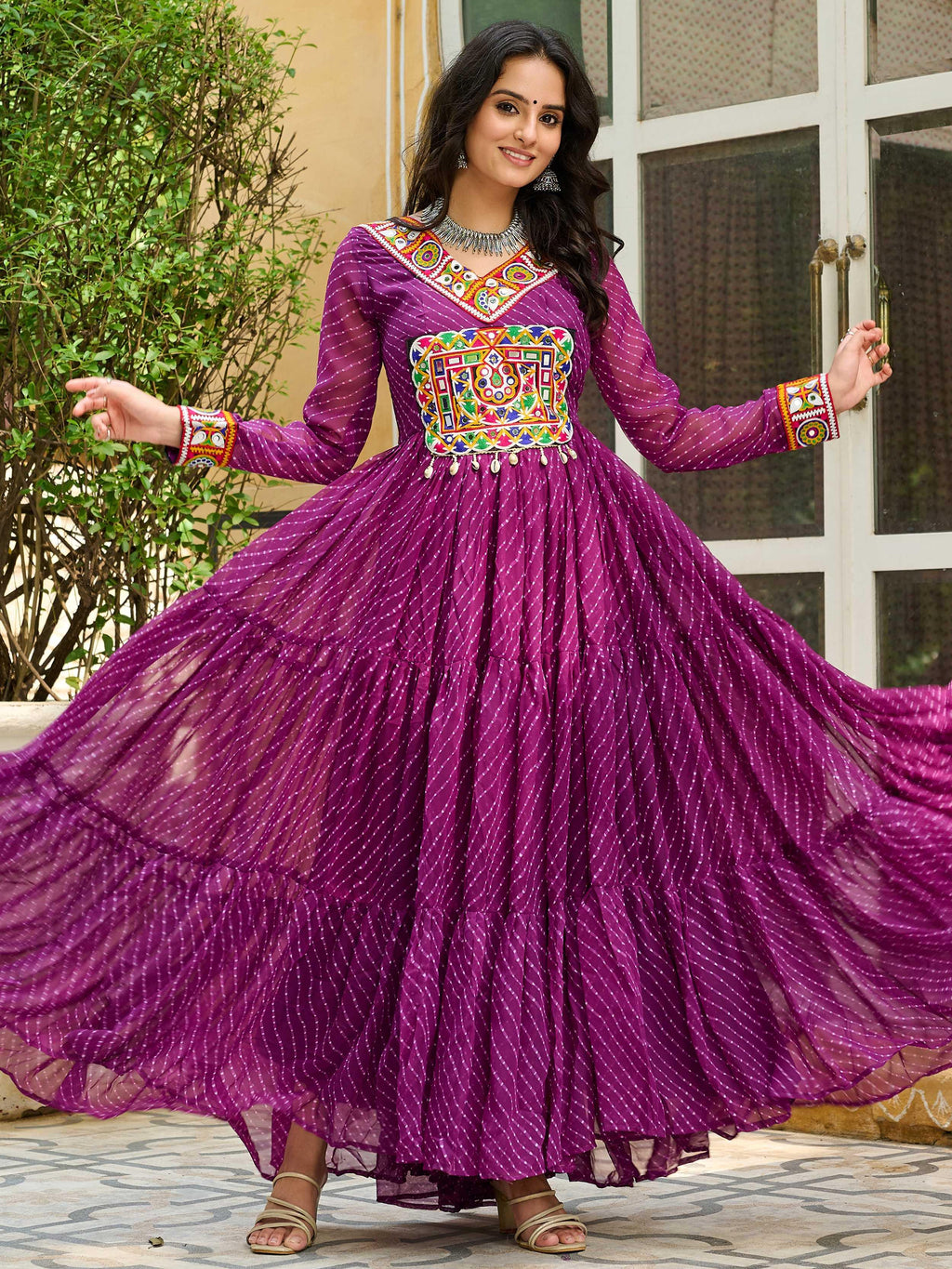 Wine color Laheriya print georgette Kutchi patchwork Navratri gown