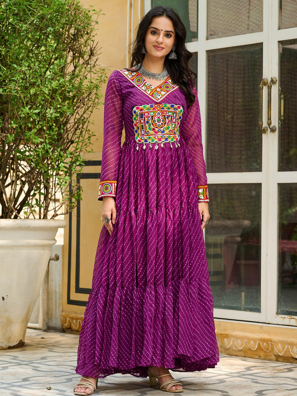 Wine color Laheriya print georgette Kutchi patchwork Navratri gown