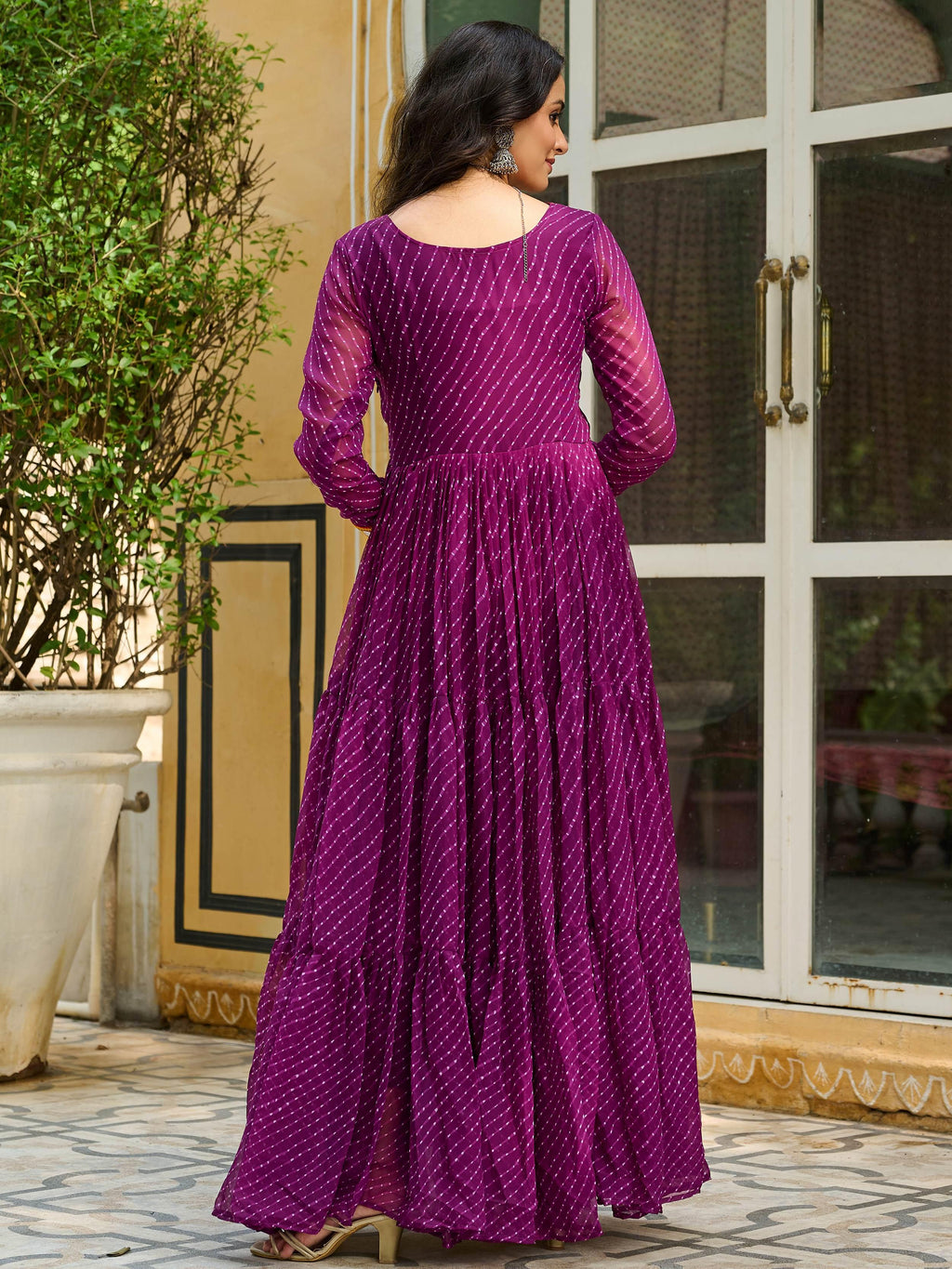 Wine color Laheriya print georgette Kutchi patchwork Navratri gown