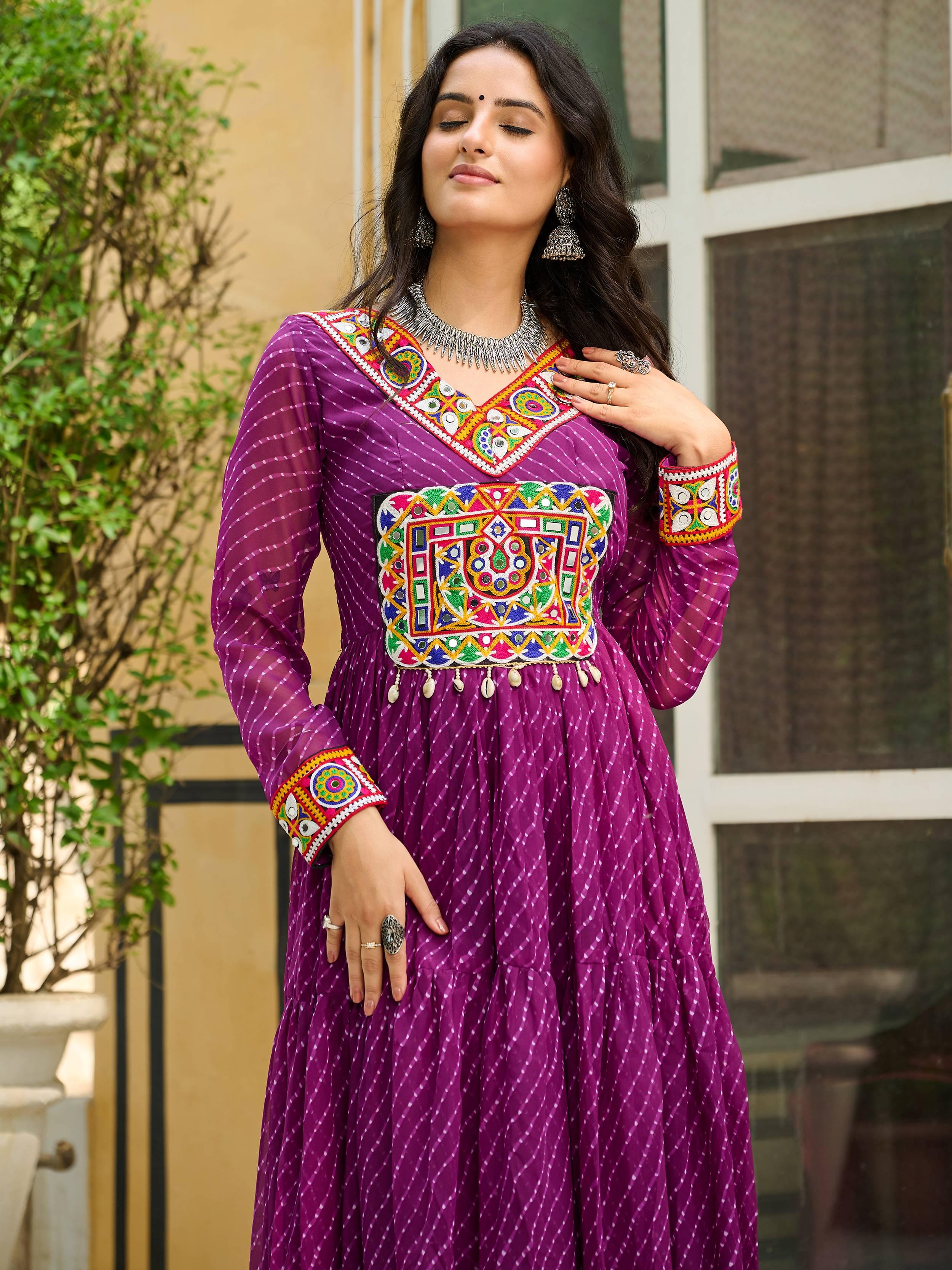 Wine color Laheriya print georgette Kutchi patchwork Navratri gown