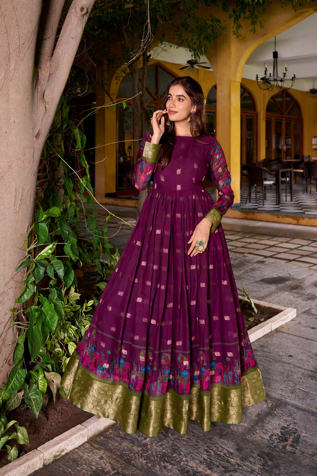 Wine poly cotton Kalamkari print gown with zari weaving koti
