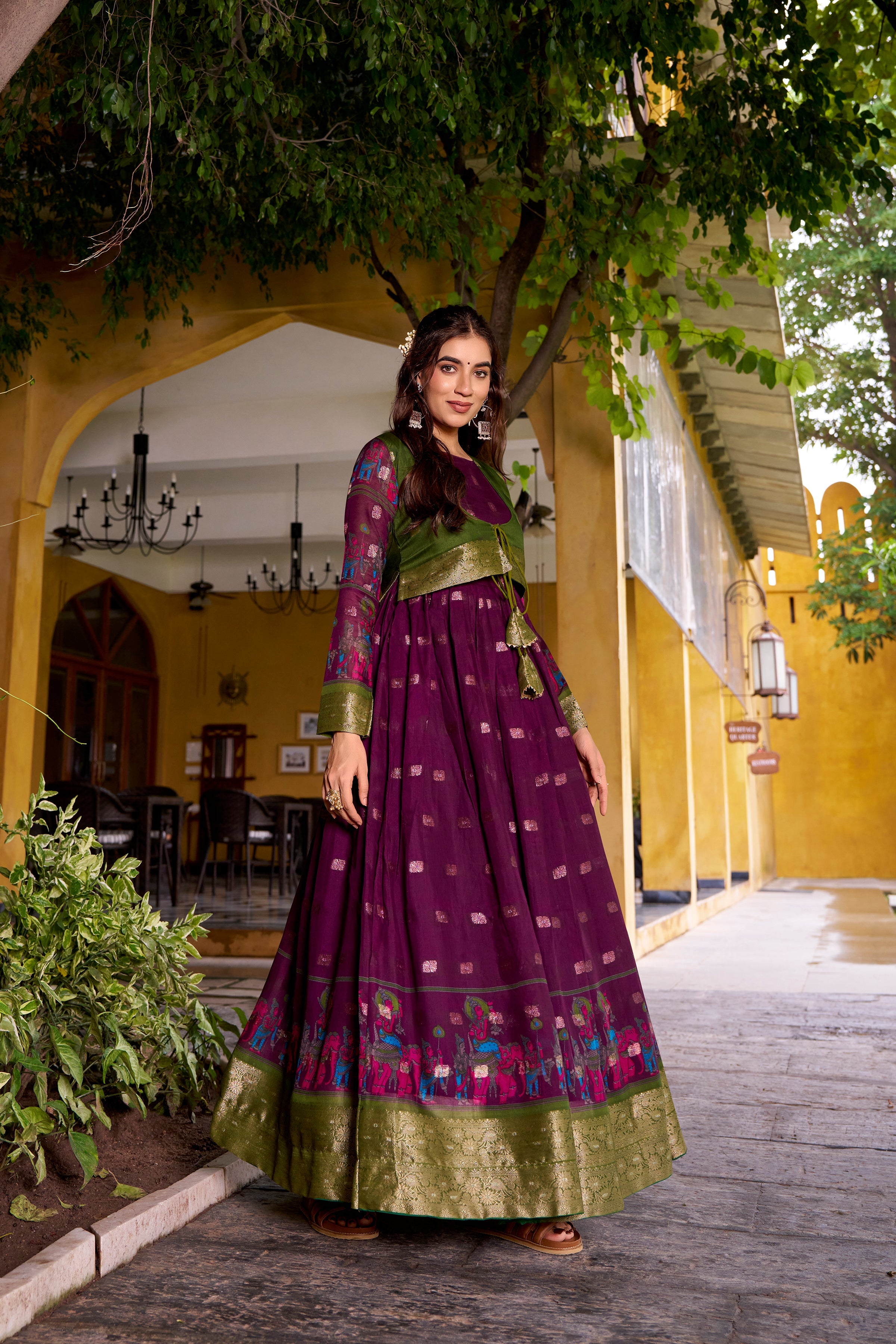 Wine poly cotton Kalamkari print gown with zari weaving koti