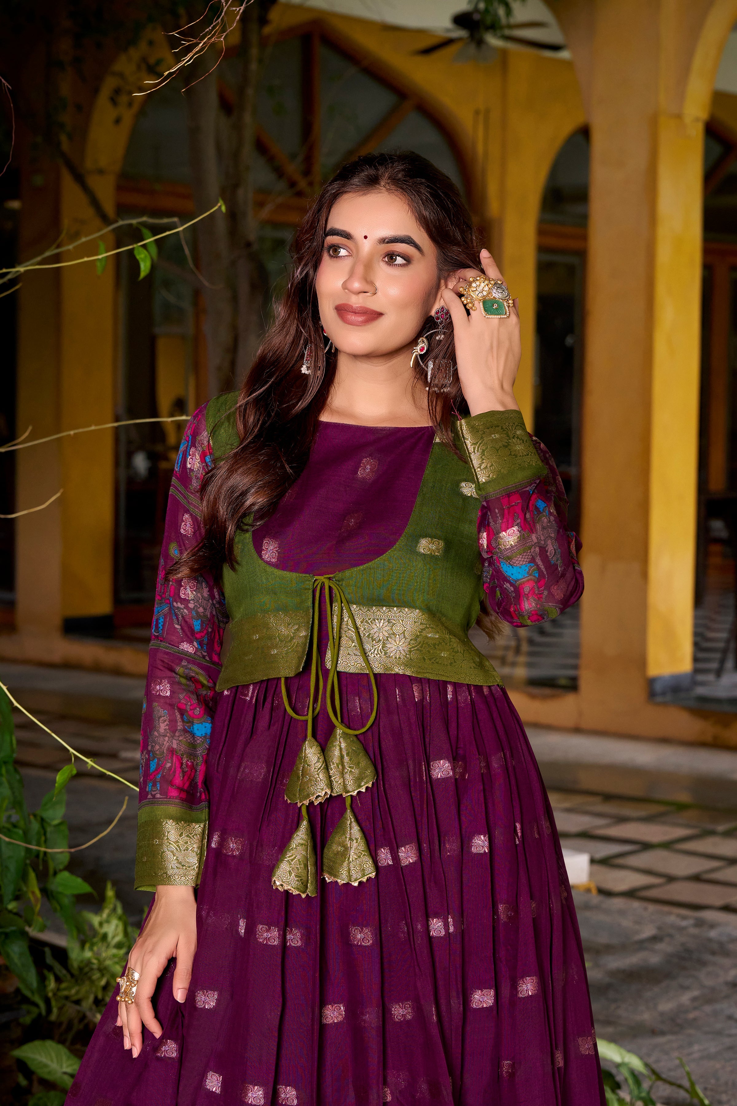 Wine poly cotton Kalamkari print gown with zari weaving koti