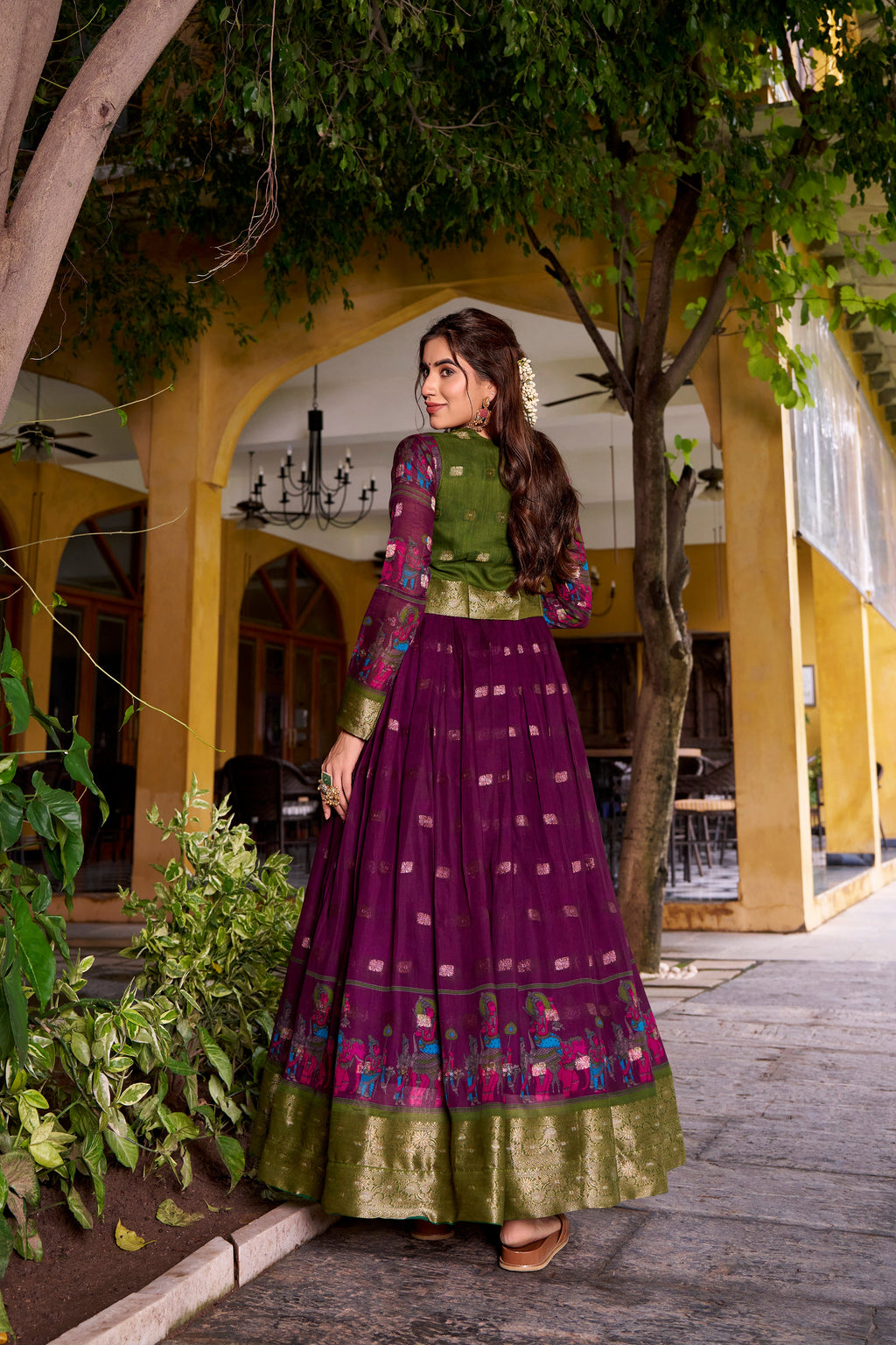 Wine poly cotton Kalamkari print gown with zari weaving koti