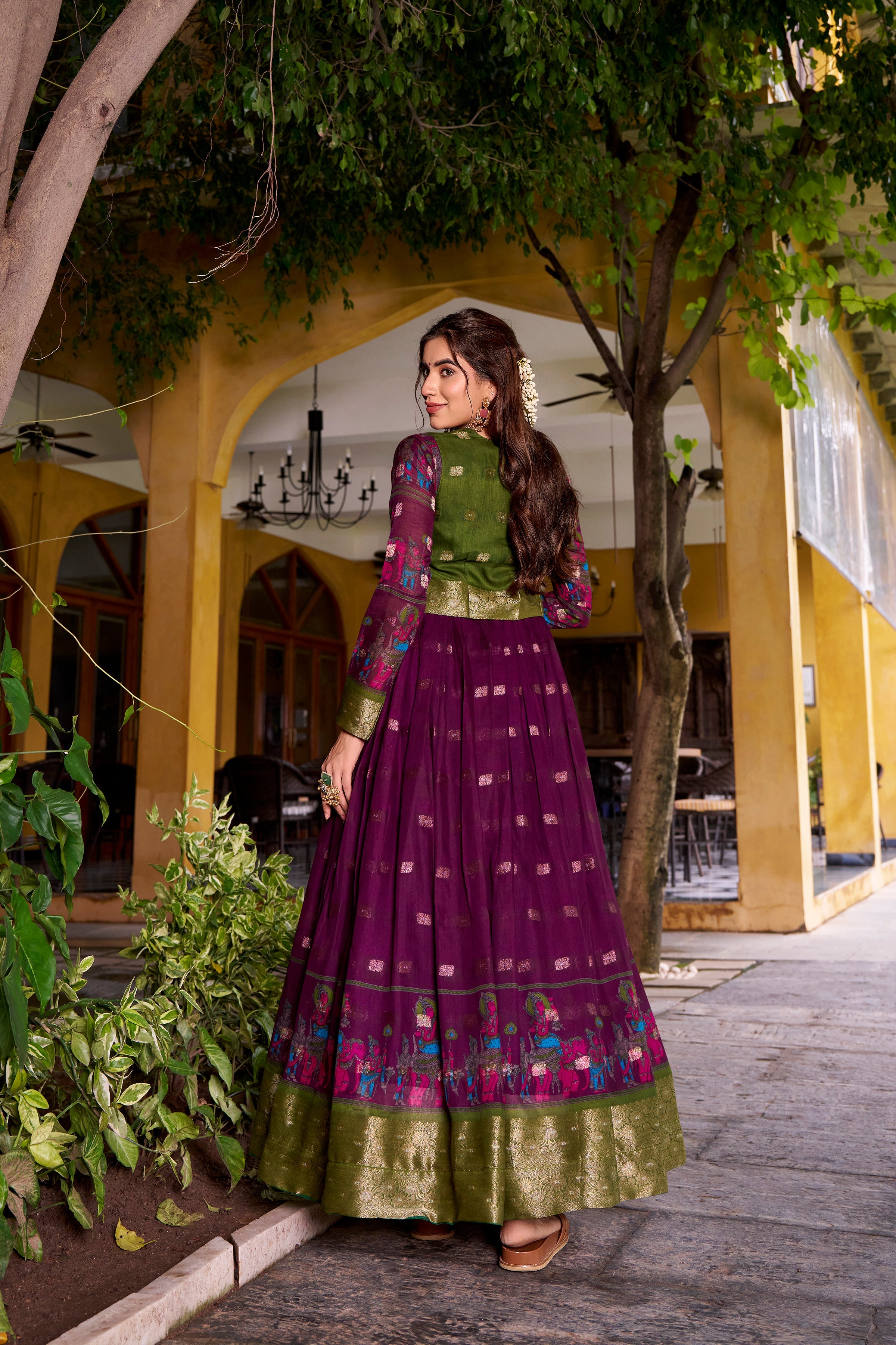 Wine poly cotton Kalamkari print gown with zari weaving koti