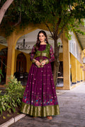 Wine poly cotton Kalamkari print gown with zari weaving koti