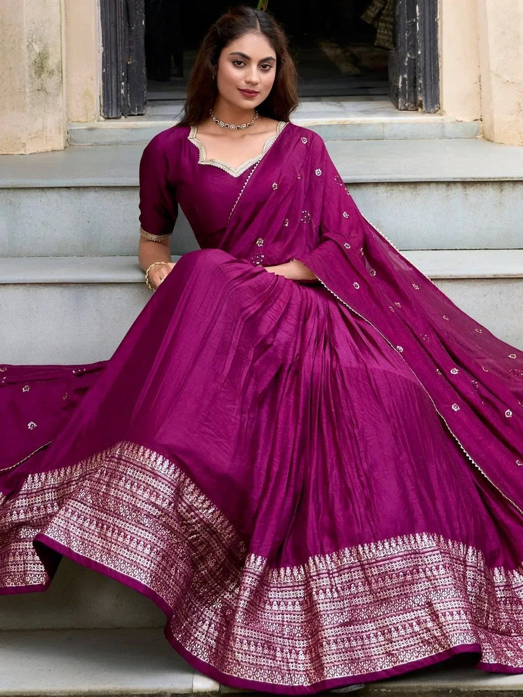 Wine color pure Chanderi plain zari weaving lehenga choli