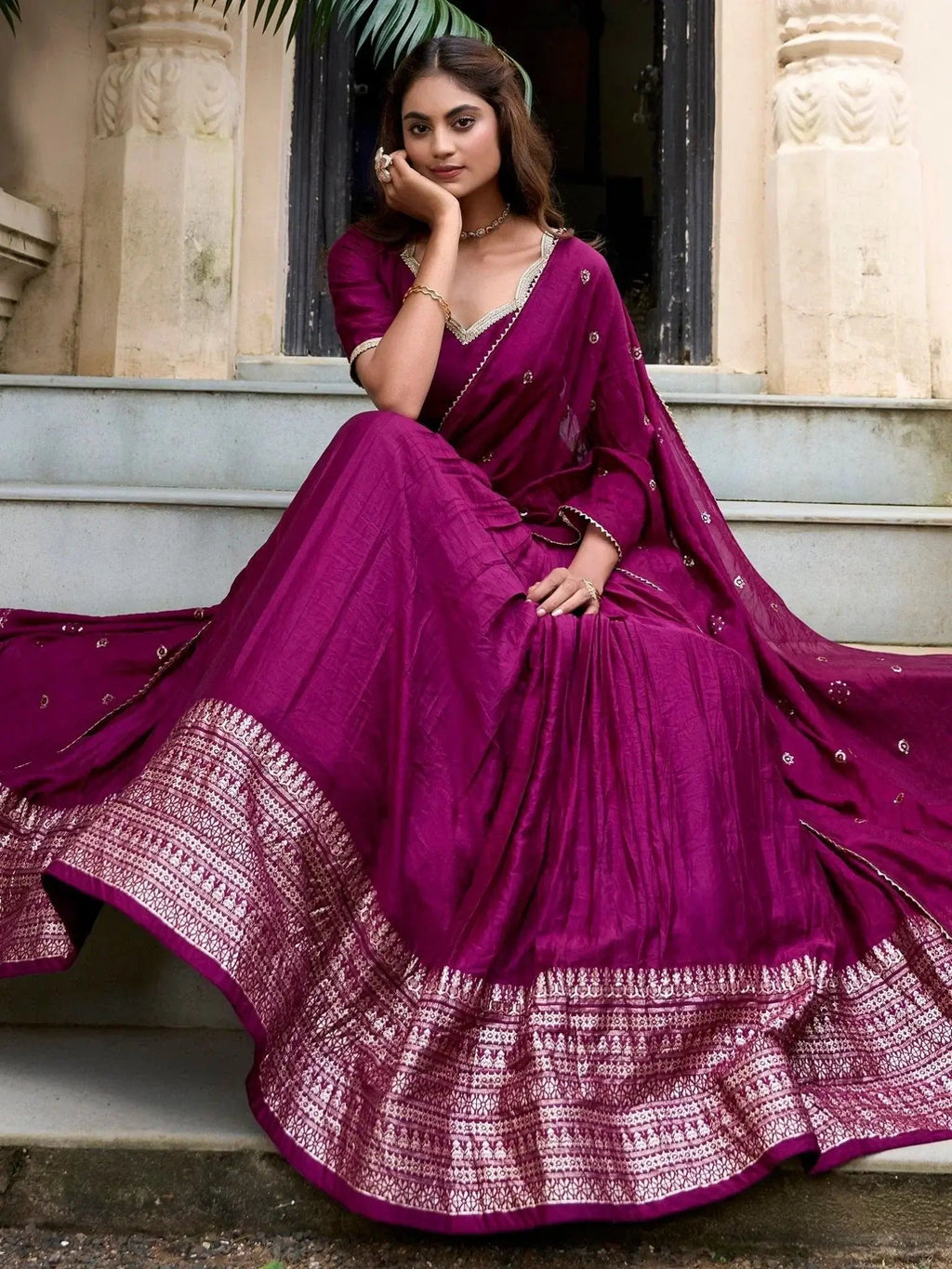 Wine color pure Chanderi plain zari weaving lehenga choli