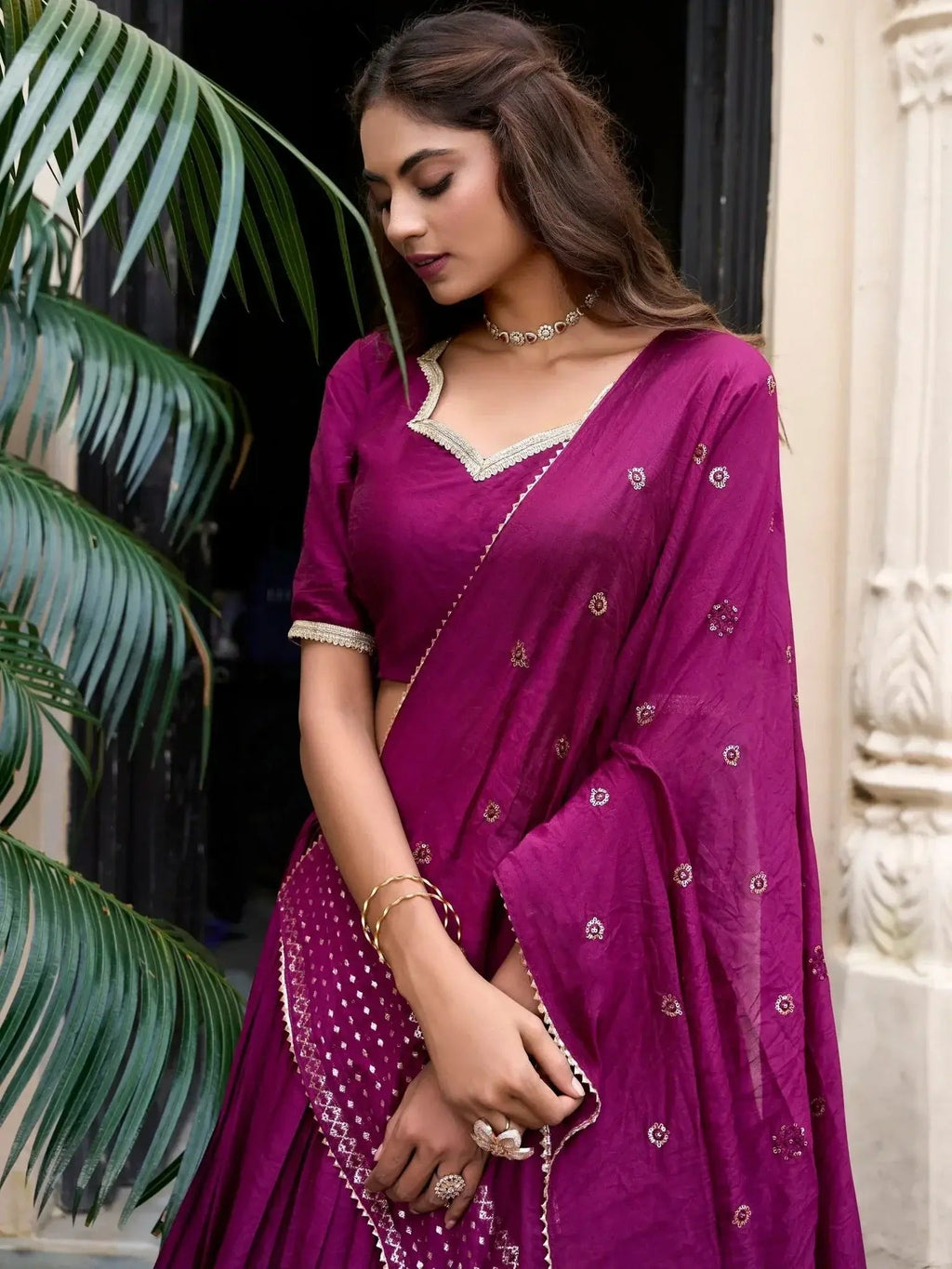 Wine color pure Chanderi plain zari weaving lehenga choli