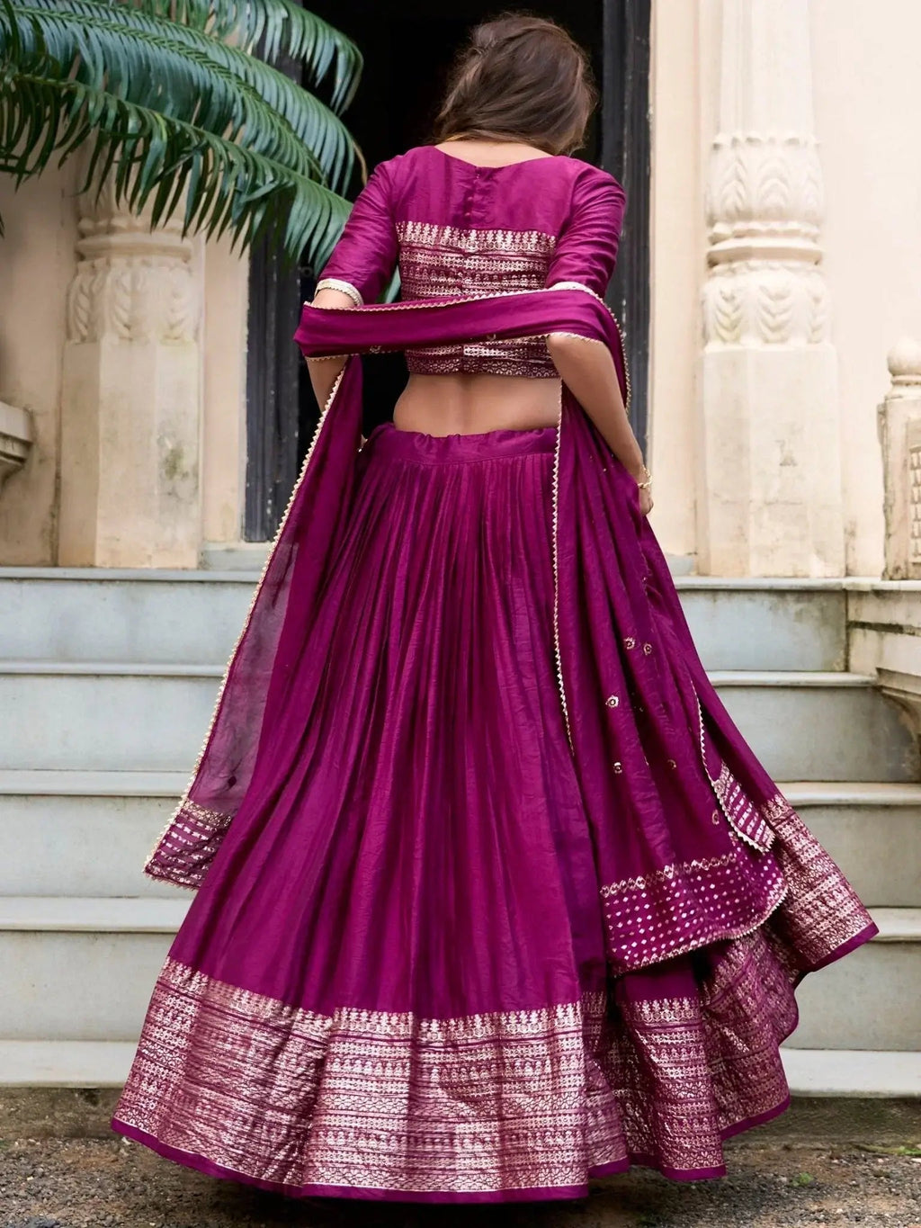 Wine color pure Chanderi plain zari weaving lehenga choli