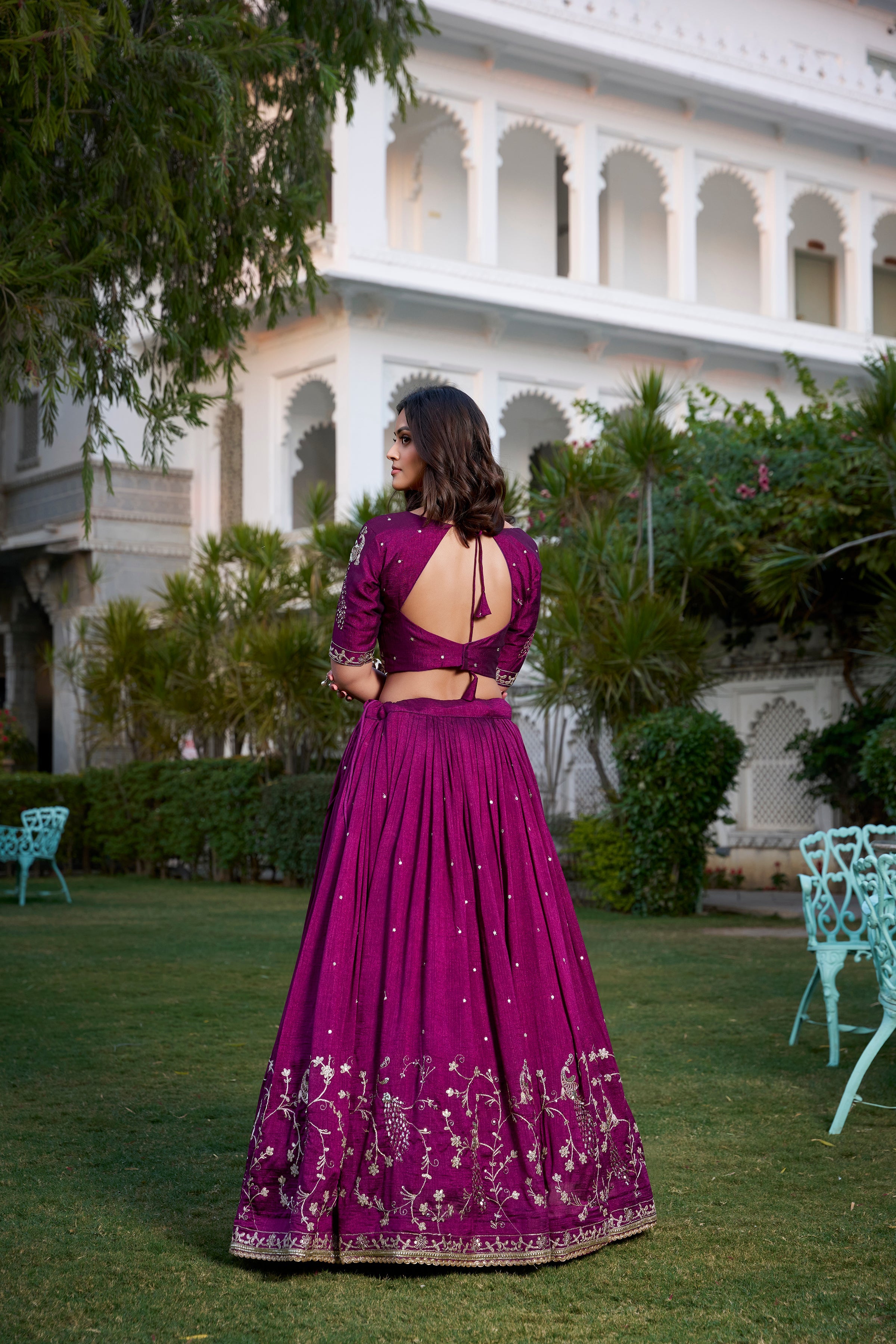 Wine Vichitra silk sequin thread embroidery lehenga choli with dupatta
