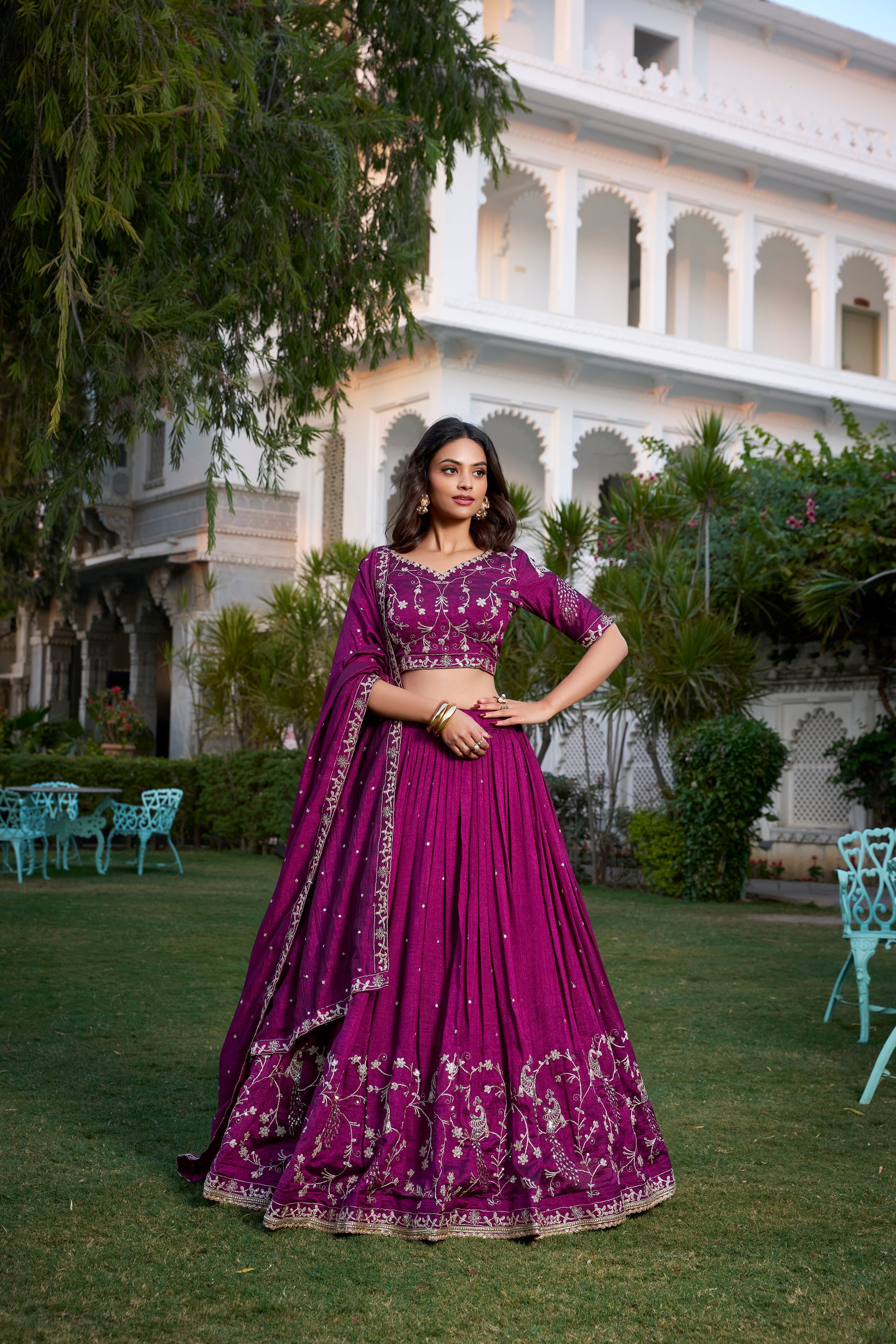 Wine Vichitra silk sequin thread embroidery lehenga choli with dupatta