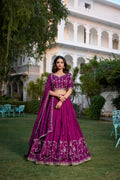 Wine Vichitra silk sequin thread embroidery lehenga choli with dupatta