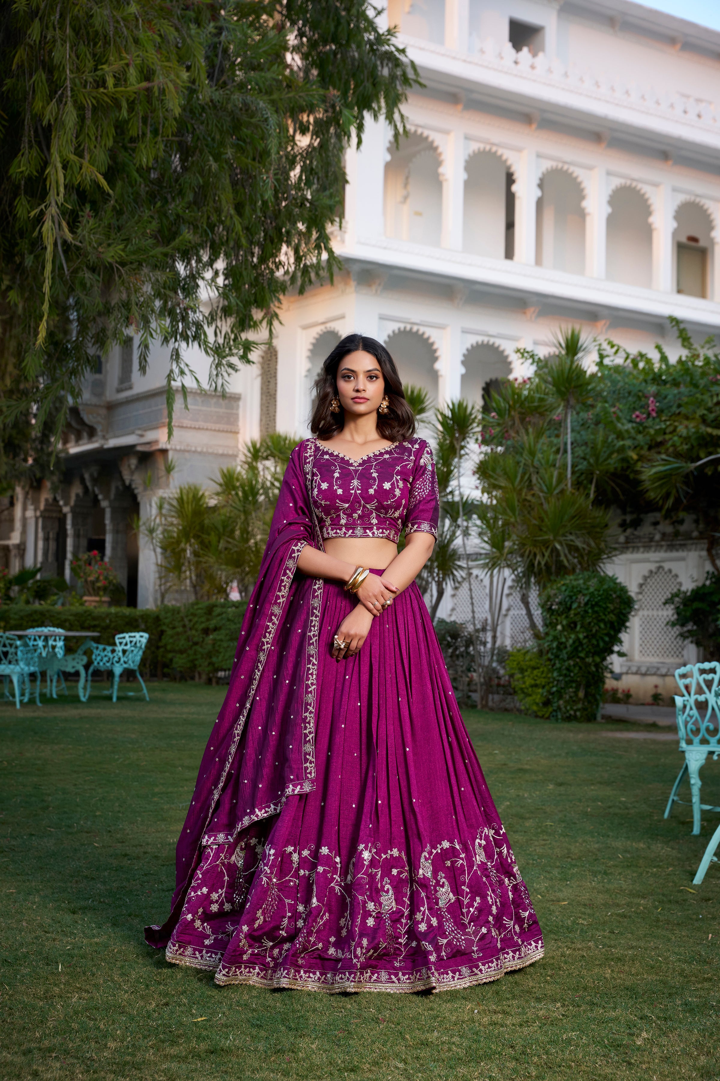 Wine Vichitra silk sequin thread embroidery lehenga choli with dupatta