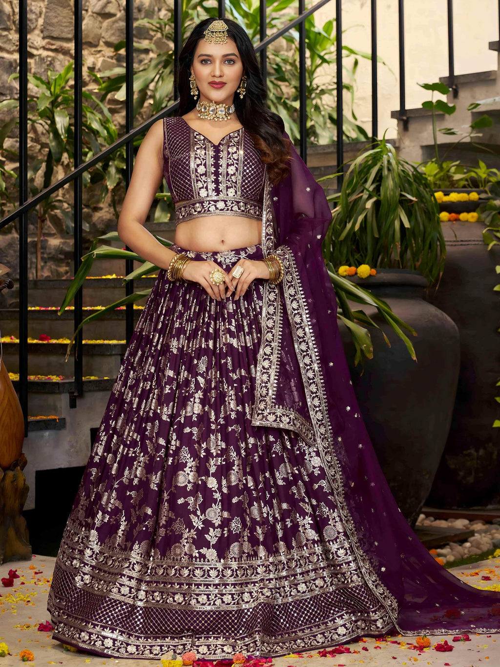 Wine Dola silk jacquard embroidered lehenga choli with dupatta