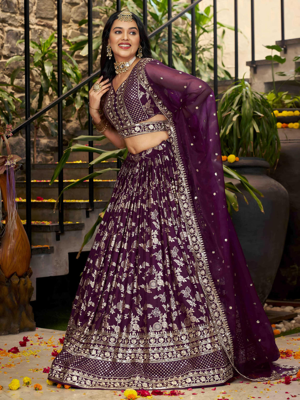 Wine Dola silk jacquard embroidered lehenga choli with dupatta