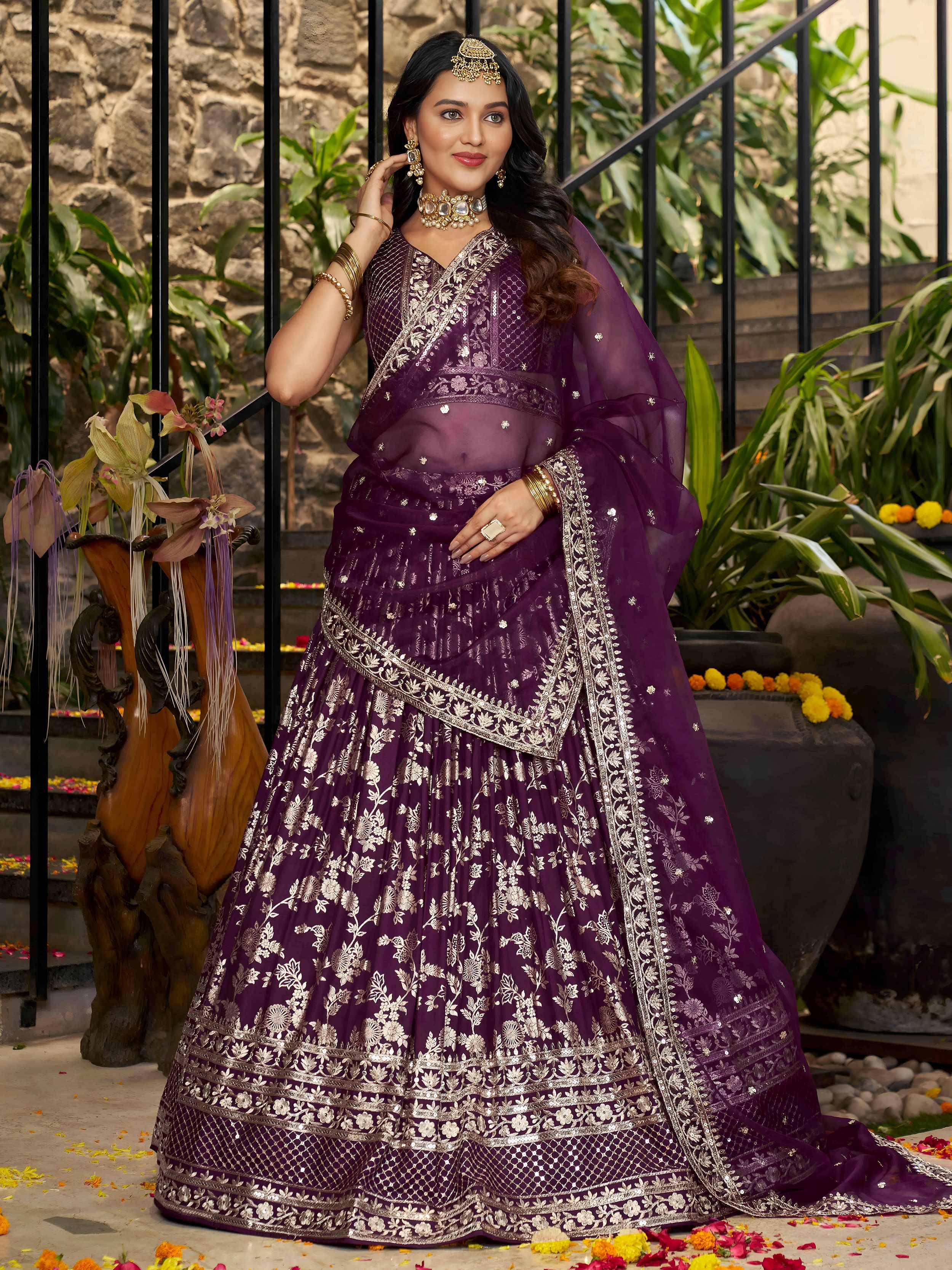 Wine Dola silk jacquard embroidered lehenga choli with dupatta