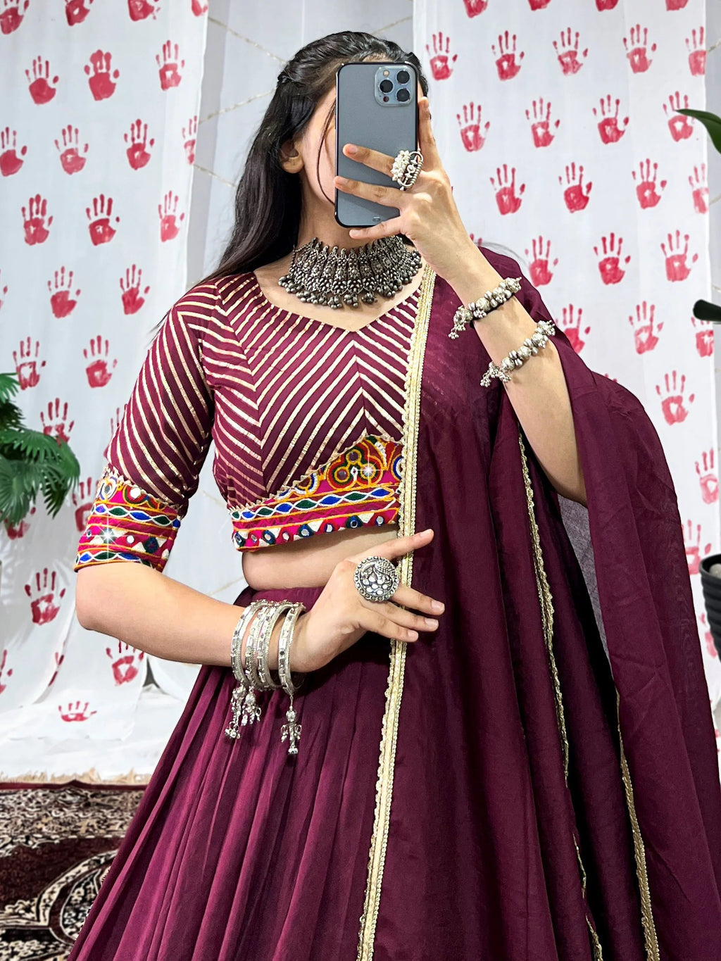 Wine pure chanderi lehenga choli with zari weaving and mirror gamthi work