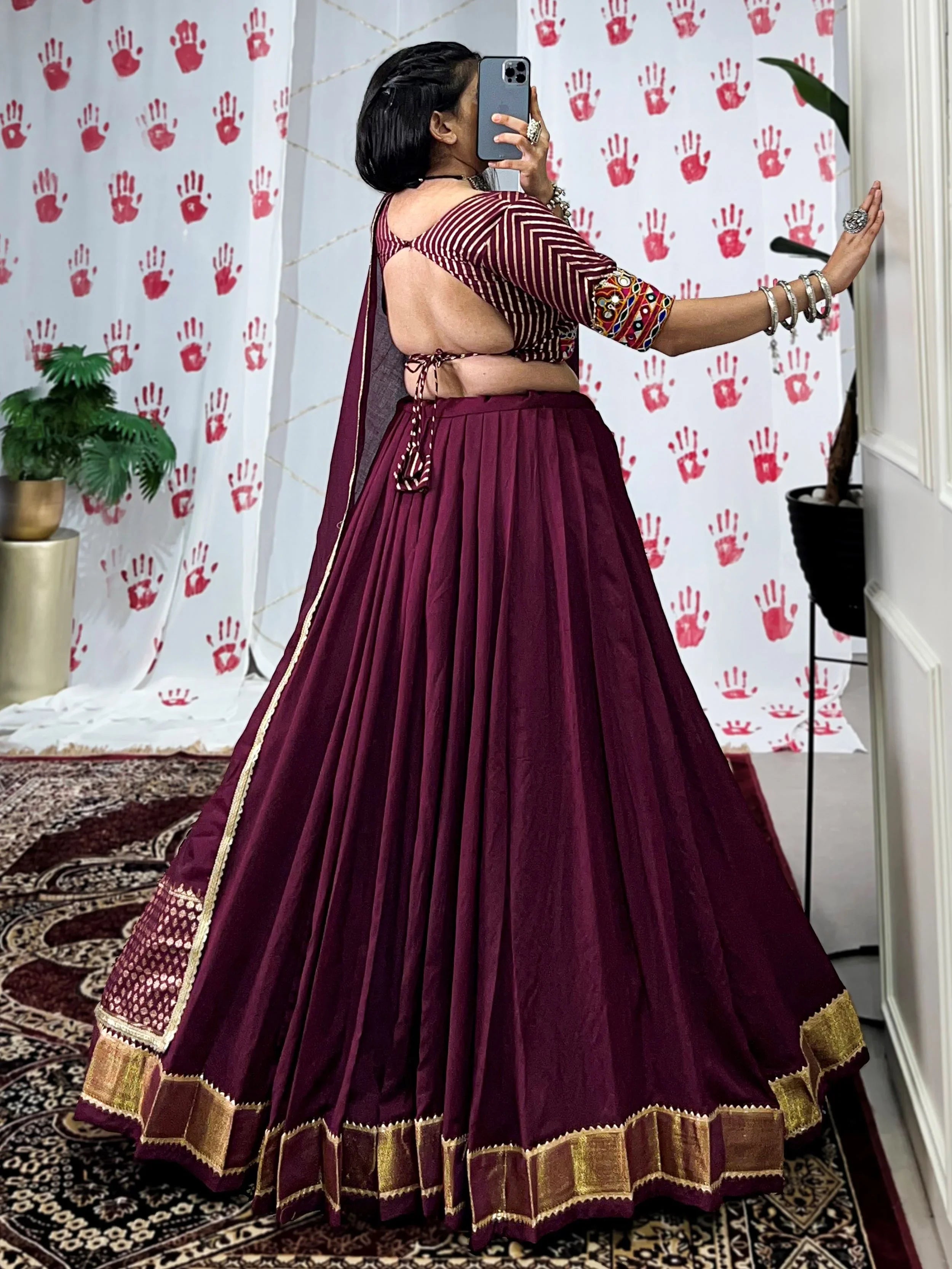 Wine pure chanderi lehenga choli with zari weaving and mirror gamthi work