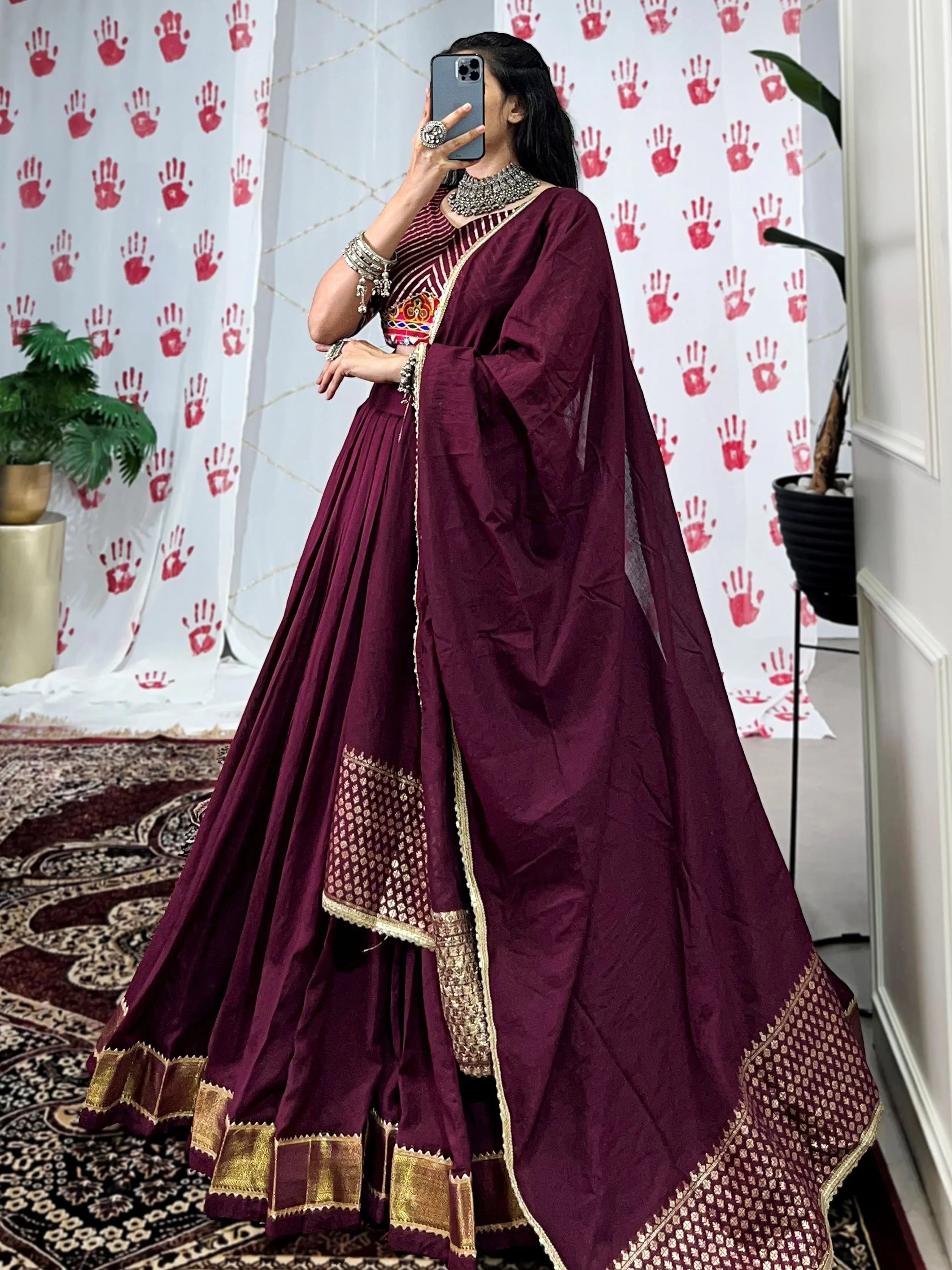 Wine pure chanderi lehenga choli with zari weaving and mirror gamthi work
