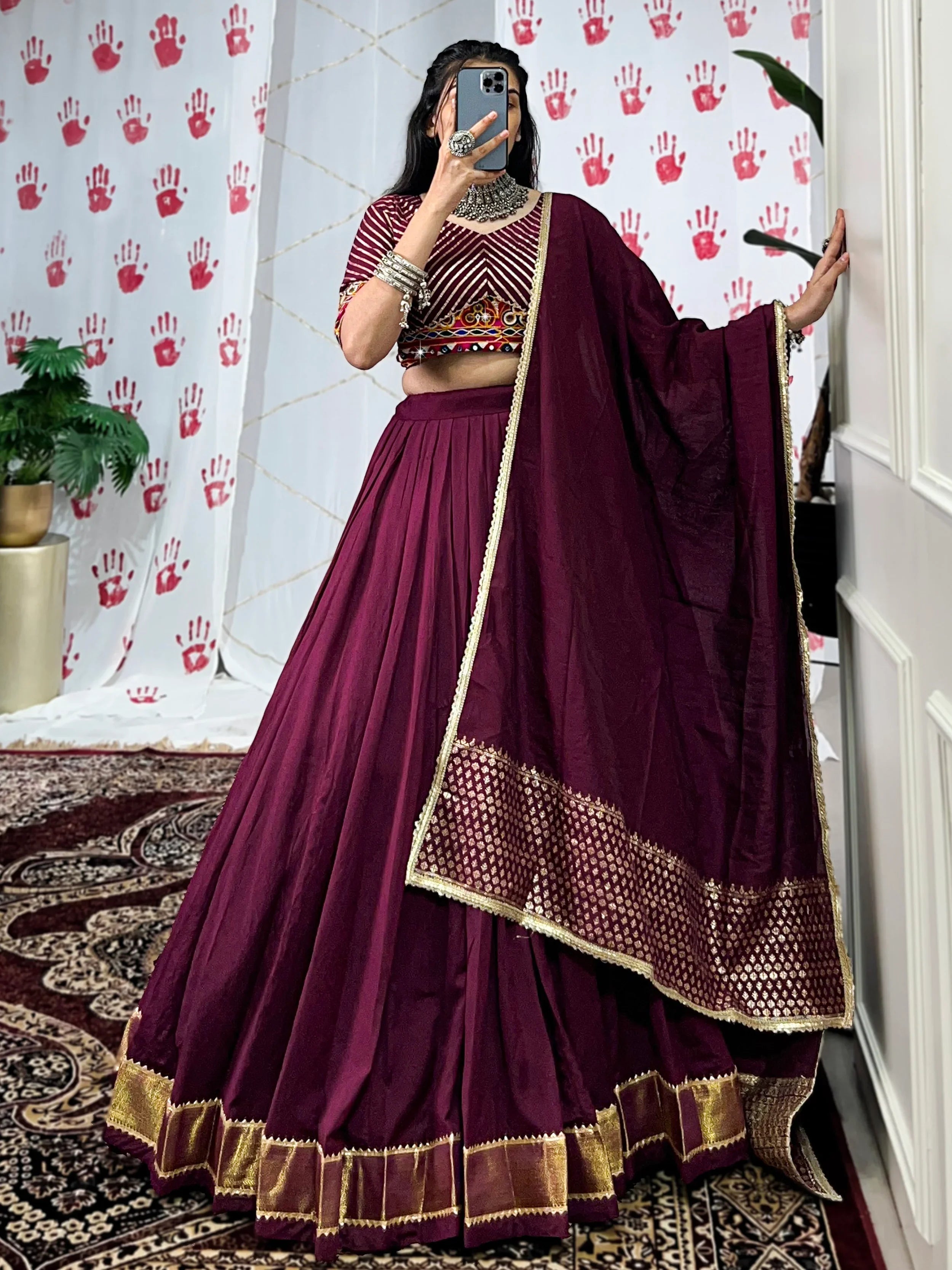 Wine pure chanderi lehenga choli with zari weaving and mirror gamthi work