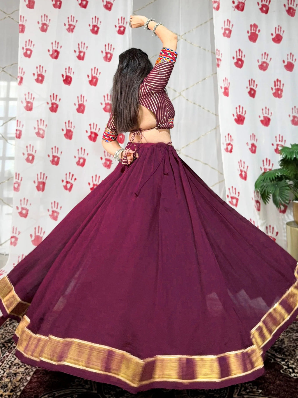 Wine pure chanderi lehenga choli with zari weaving and mirror gamthi work