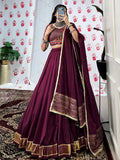 Wine pure chanderi lehenga choli with zari weaving and mirror gamthi work