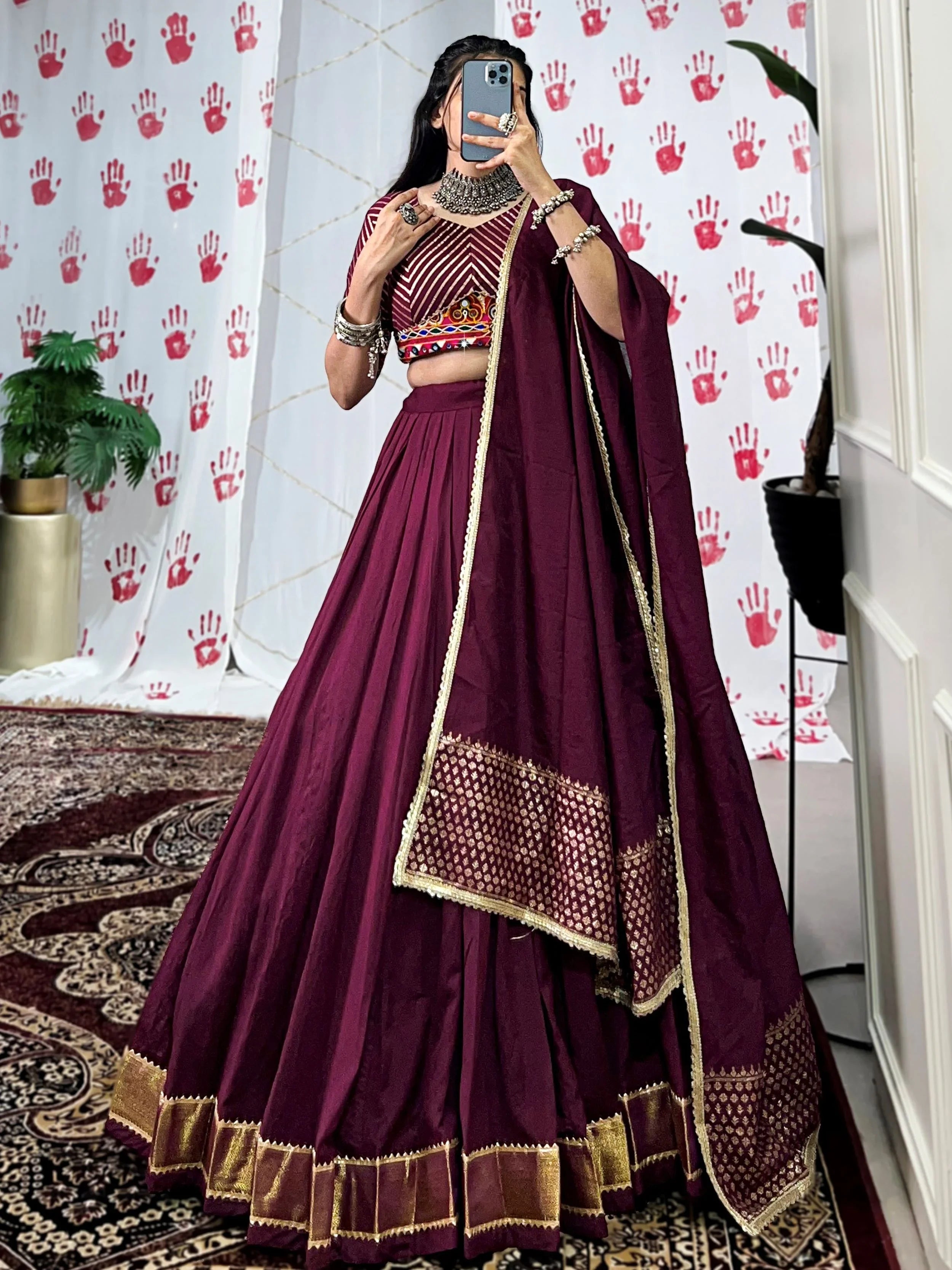 Wine pure chanderi lehenga choli with zari weaving and mirror gamthi work