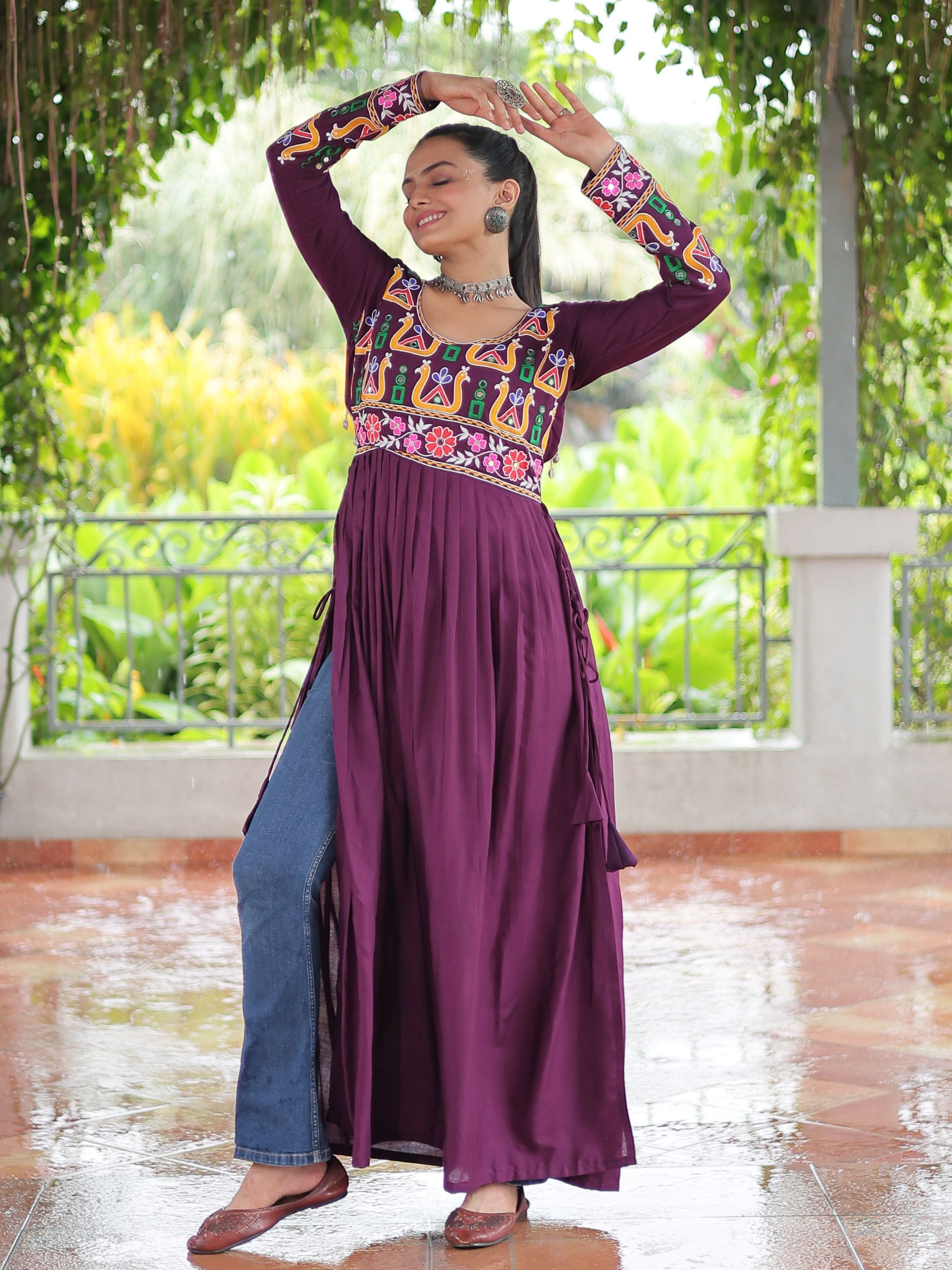 Wine pure rayon nayra cut kurti with kutchi gamthi work