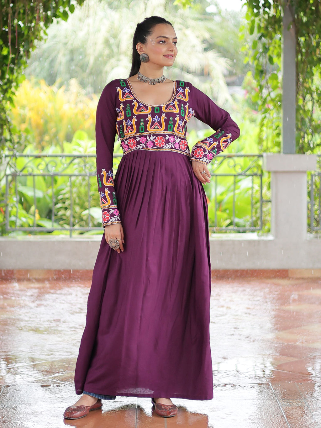 Wine pure rayon nayra cut kurti with kutchi gamthi work
