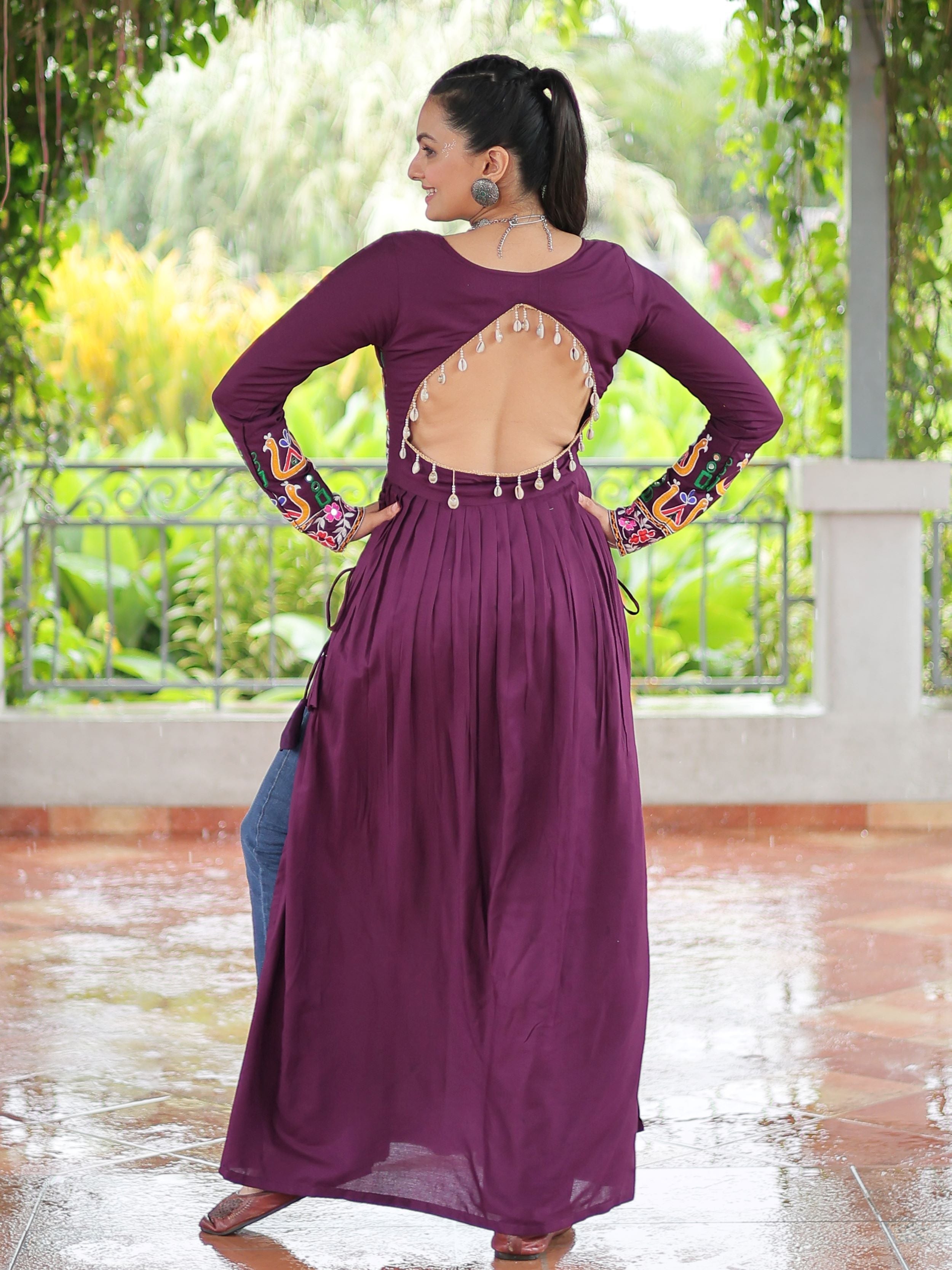 Wine pure rayon nayra cut kurti with kutchi gamthi work