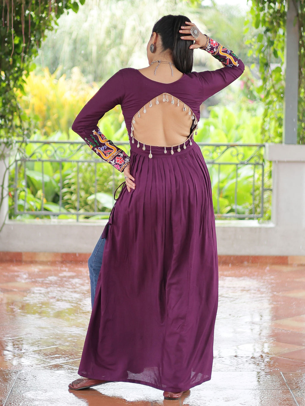 Wine pure rayon nayra cut kurti with kutchi gamthi work