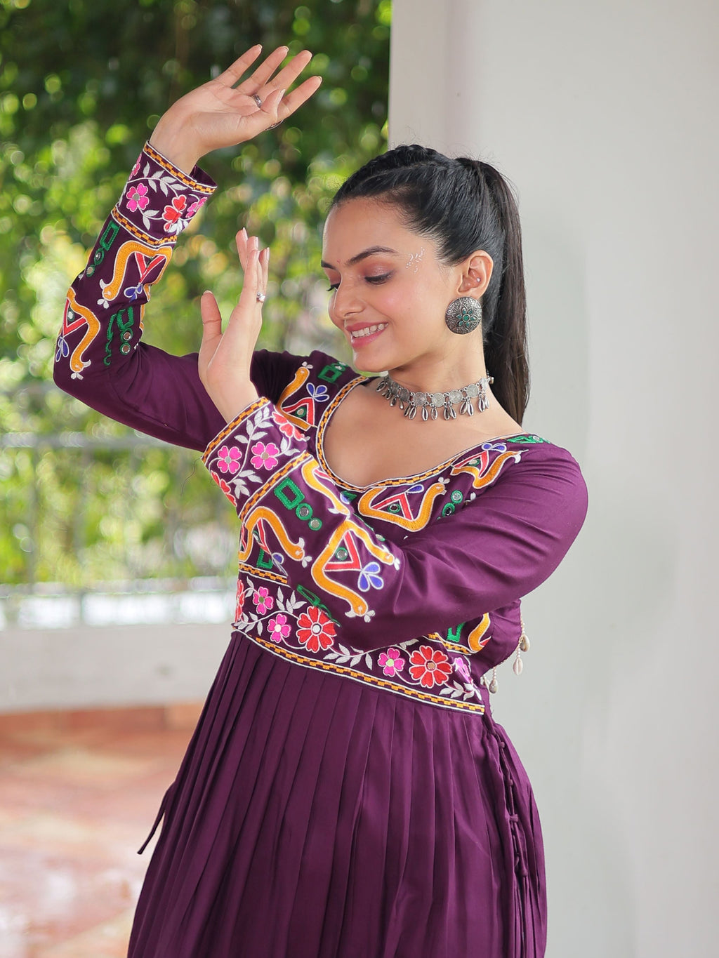 Wine pure rayon nayra cut kurti with kutchi gamthi work