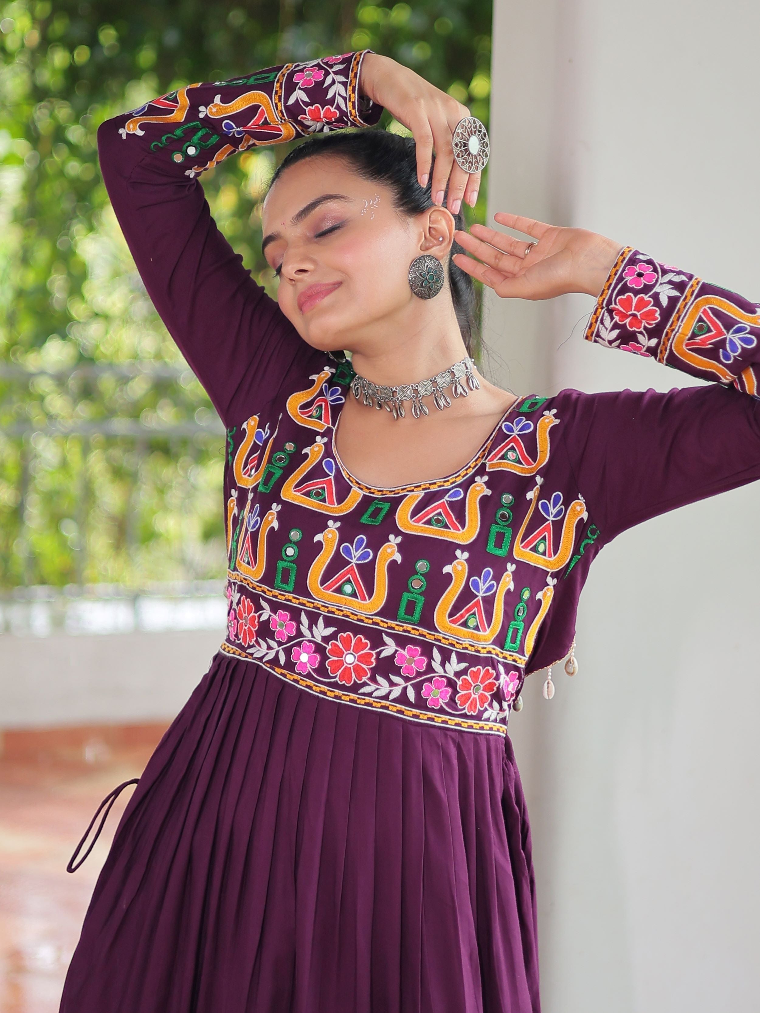 Wine pure rayon nayra cut kurti with kutchi gamthi work