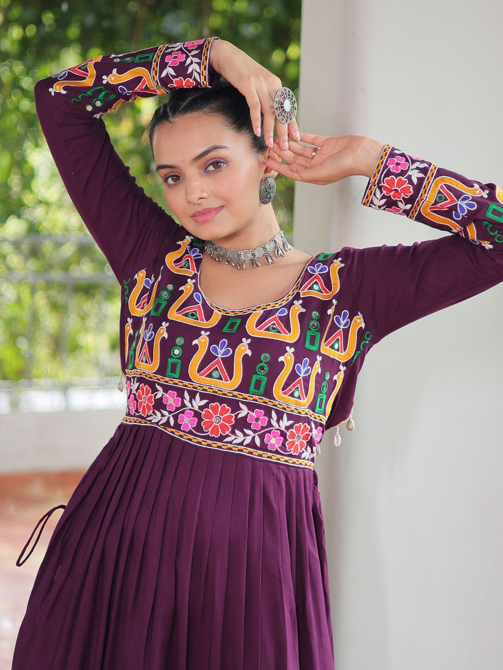 Wine pure rayon nayra cut kurti with kutchi gamthi work