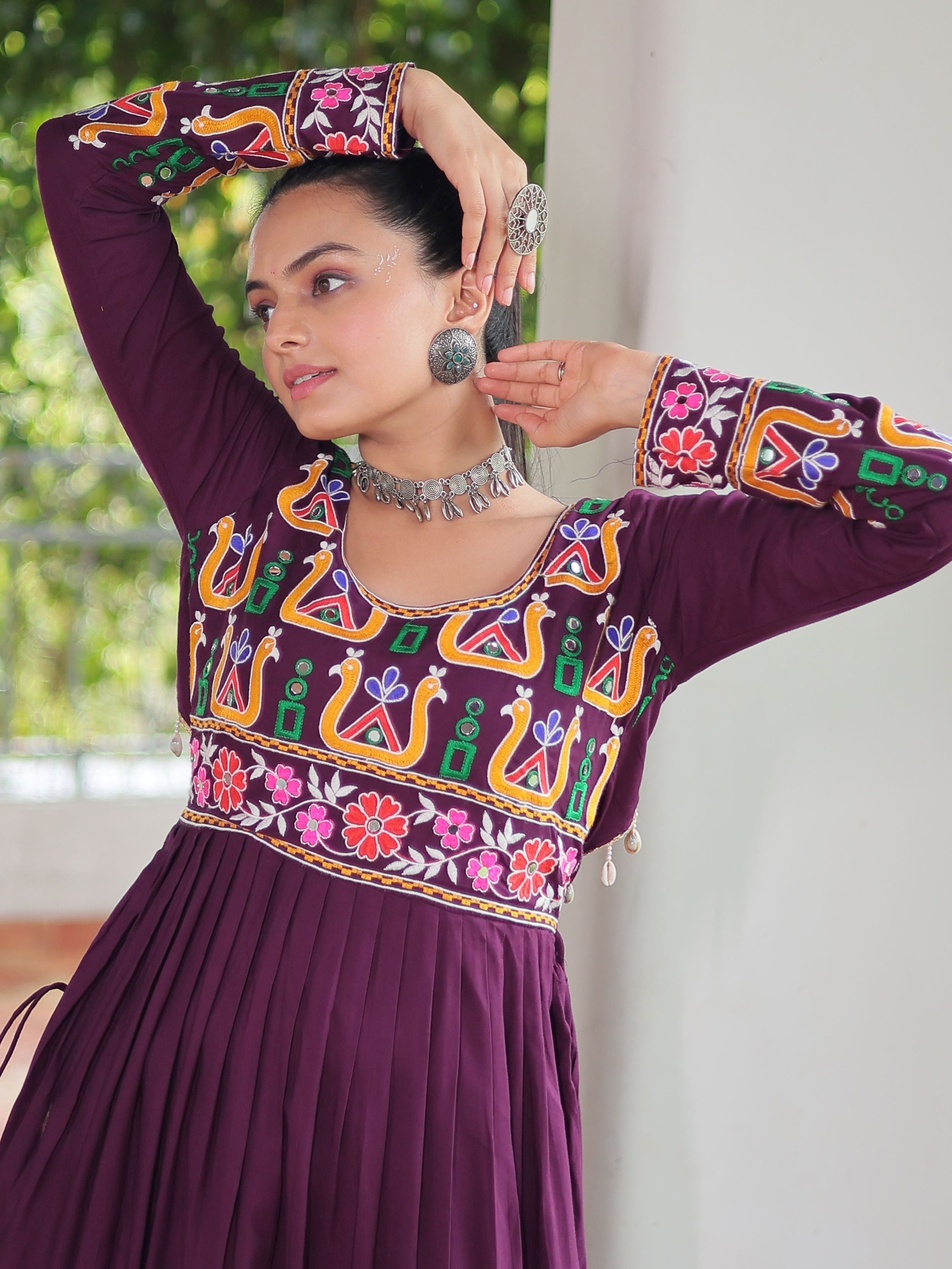 Wine pure rayon nayra cut kurti with kutchi gamthi work
