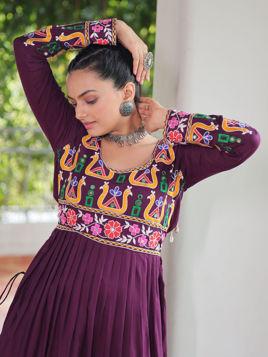 Wine pure rayon nayra cut kurti with kutchi gamthi work