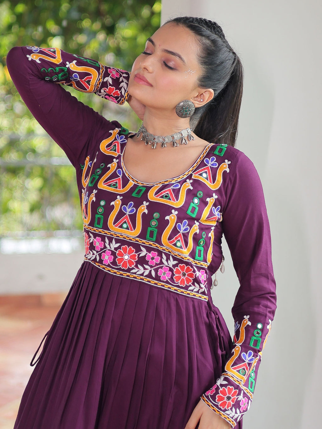 Wine pure rayon nayra cut kurti with kutchi gamthi work