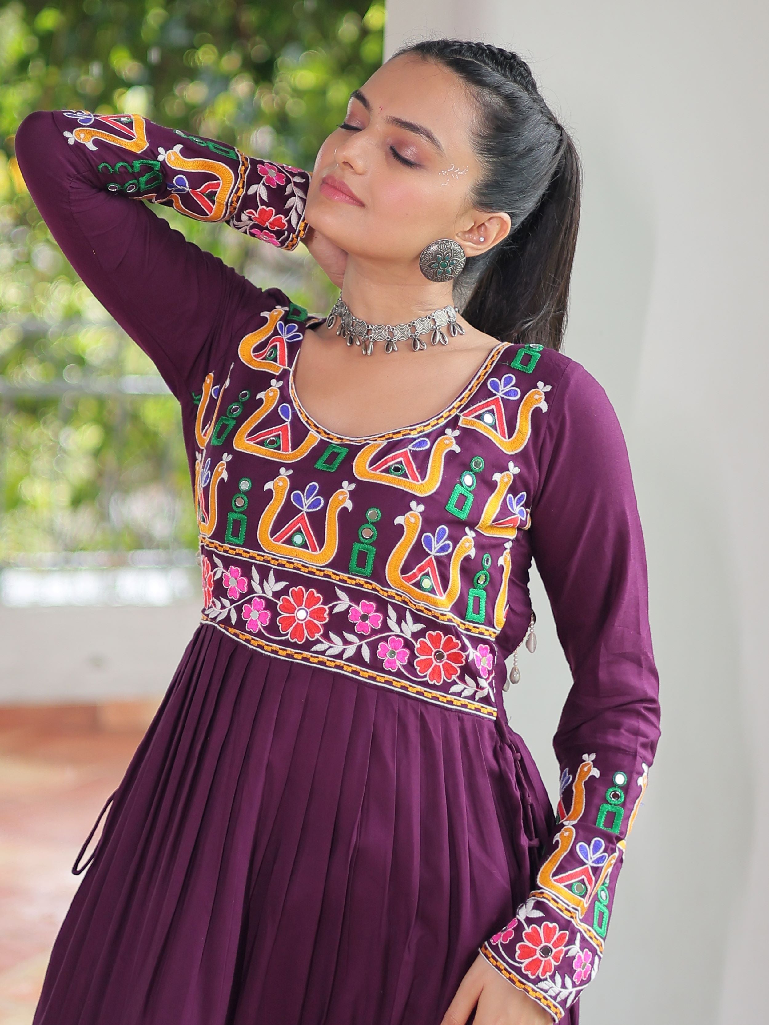 Wine pure rayon nayra cut kurti with kutchi gamthi work