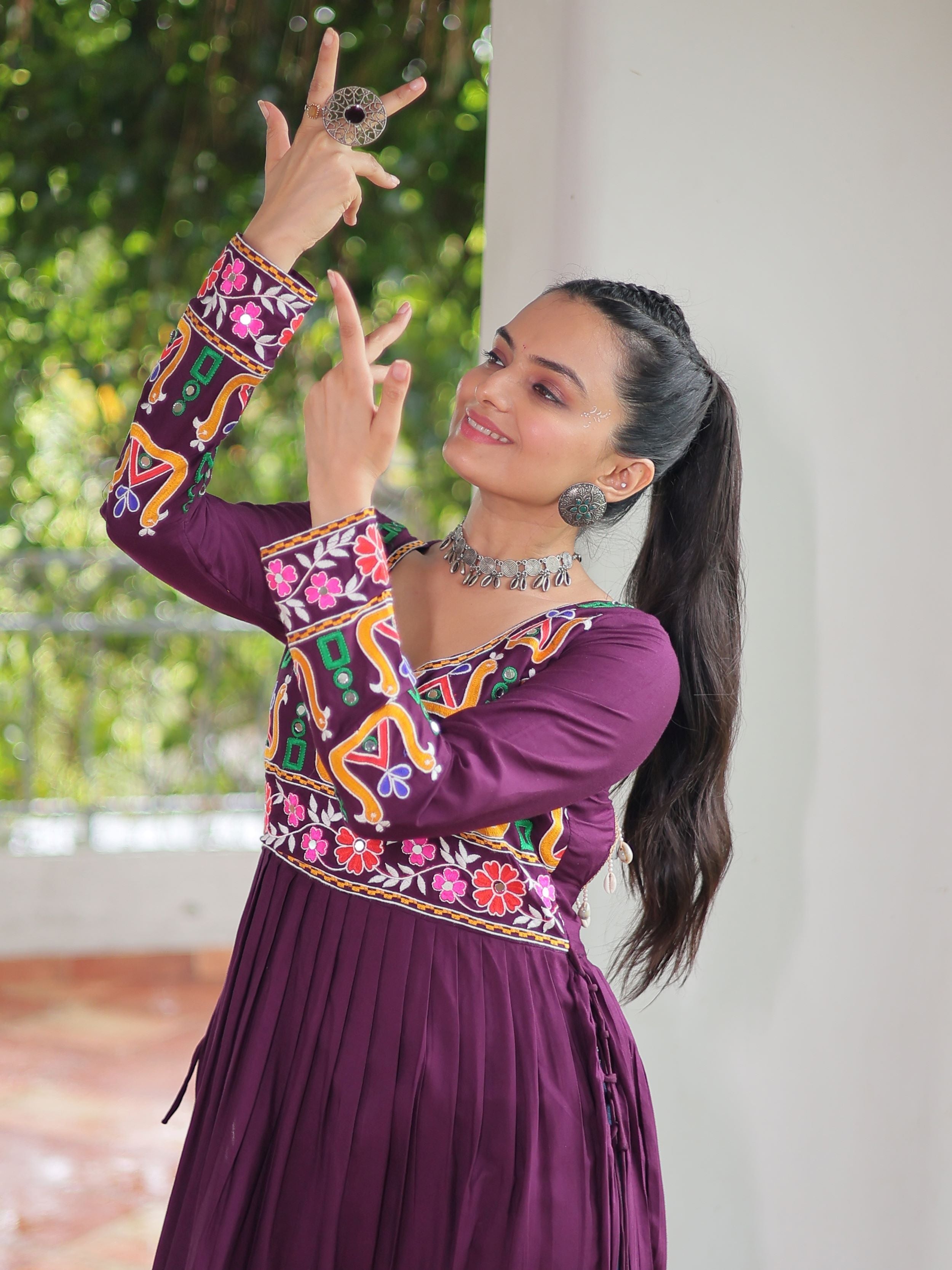Wine pure rayon nayra cut kurti with kutchi gamthi work