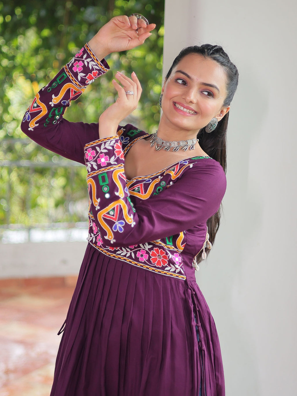 Wine pure rayon nayra cut kurti with kutchi gamthi work