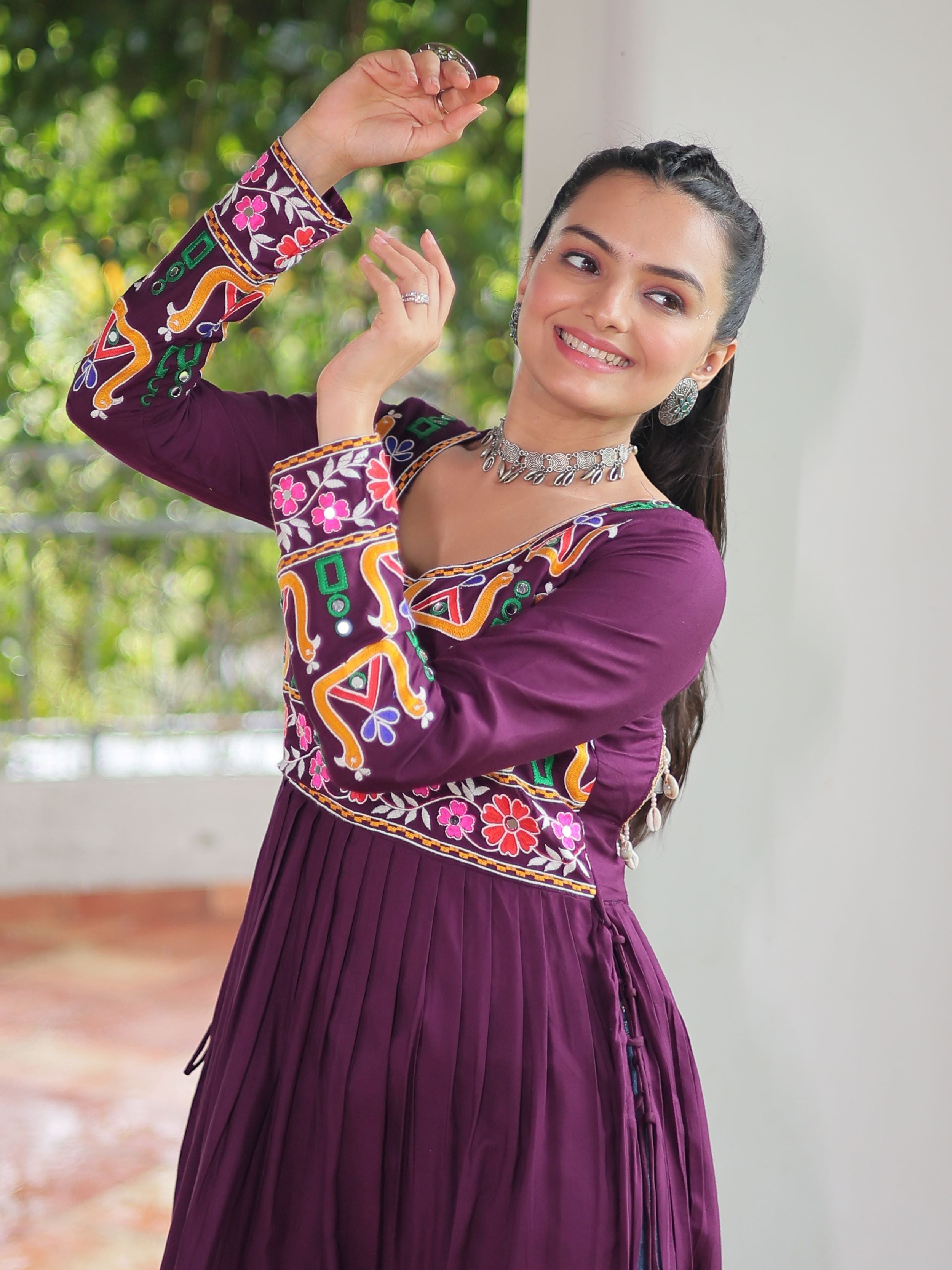 Wine pure rayon nayra cut kurti with kutchi gamthi work