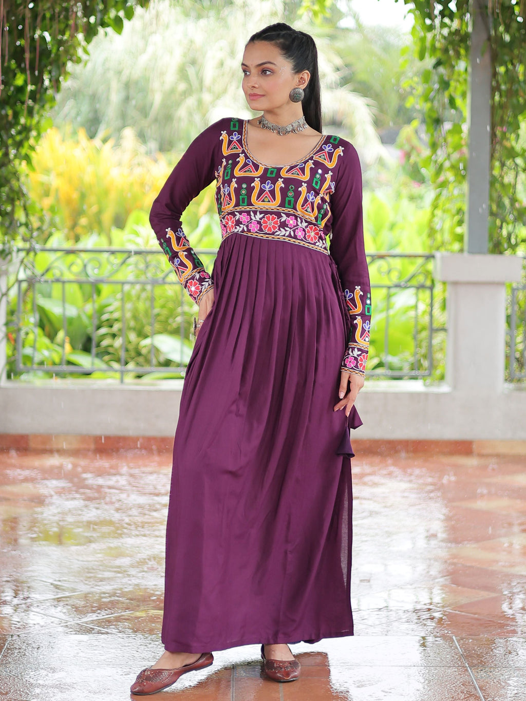 Wine pure rayon nayra cut kurti with kutchi gamthi work