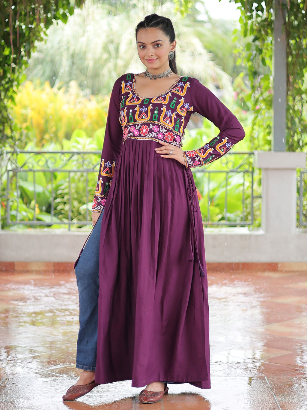 Wine pure rayon nayra cut kurti with kutchi gamthi work
