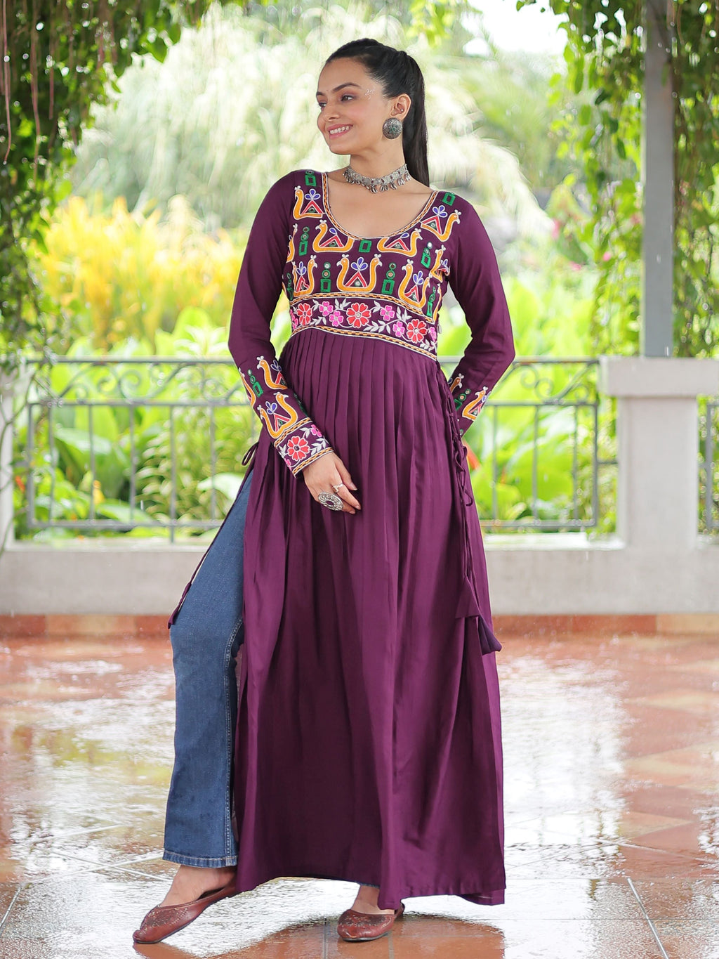 Wine pure rayon nayra cut kurti with kutchi gamthi work