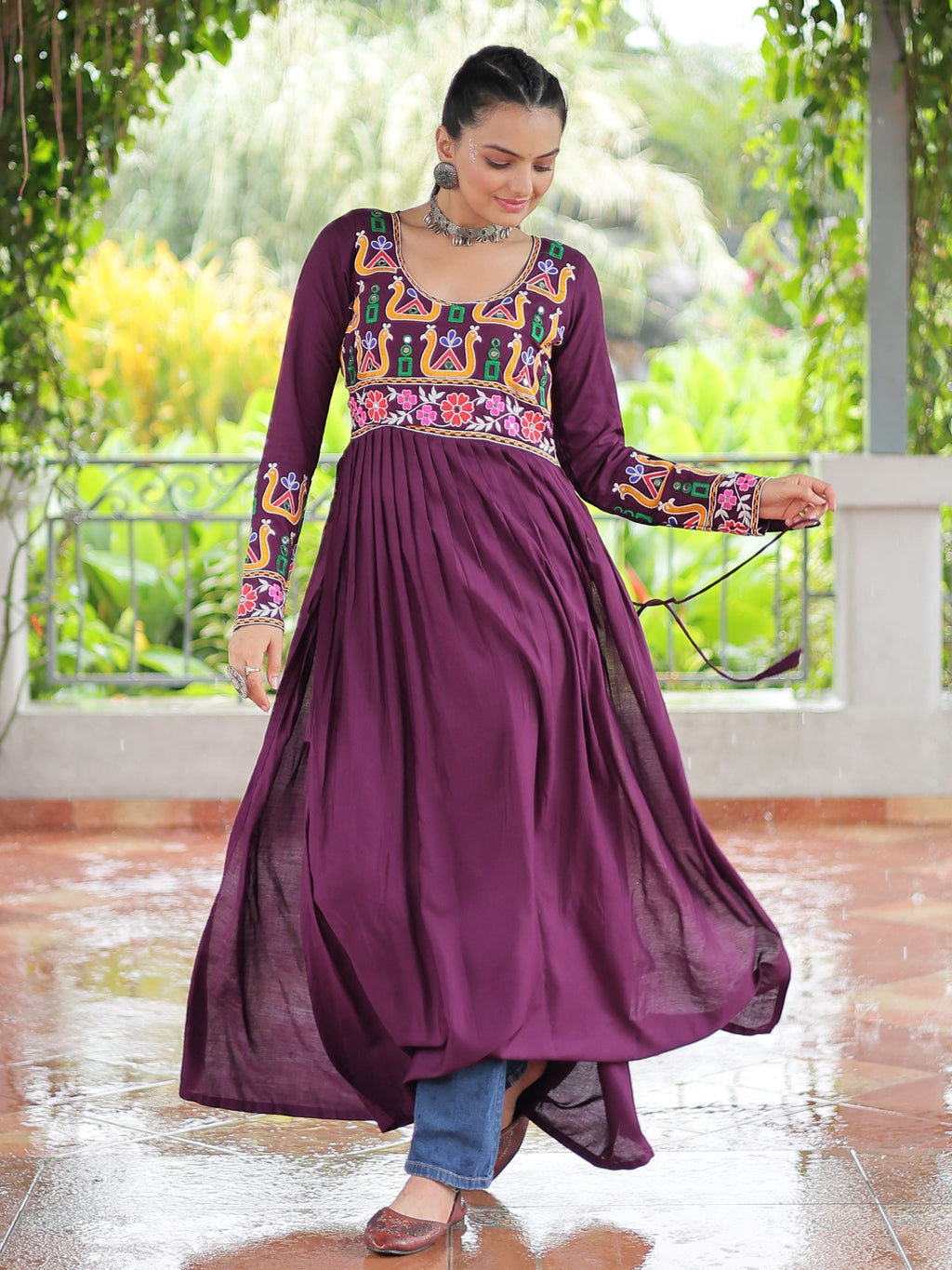 Wine pure rayon nayra cut kurti with kutchi gamthi work